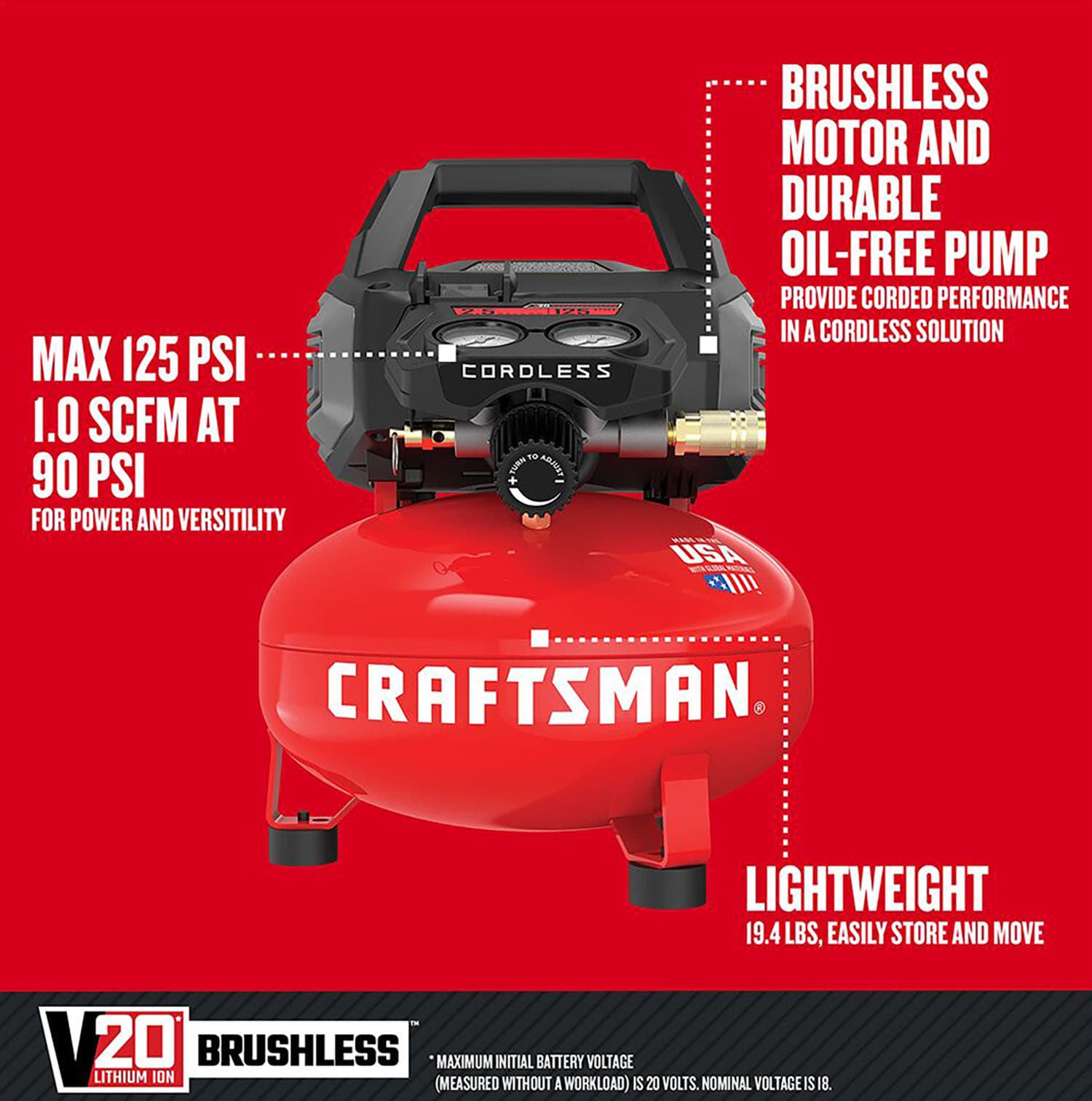 CRAFTSMAN V20 RP 2.5-Gallons Single Stage Portable Cordless Electric Pancake Air Compressor