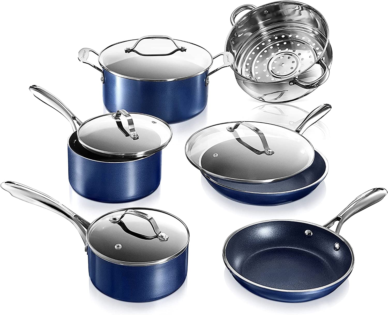 GRANITESTONE 7036 Classic Blue 10-Piece Aluminum Ultra-Durable Non-Stick Diamond Infused Cookware Set with Glass Lids