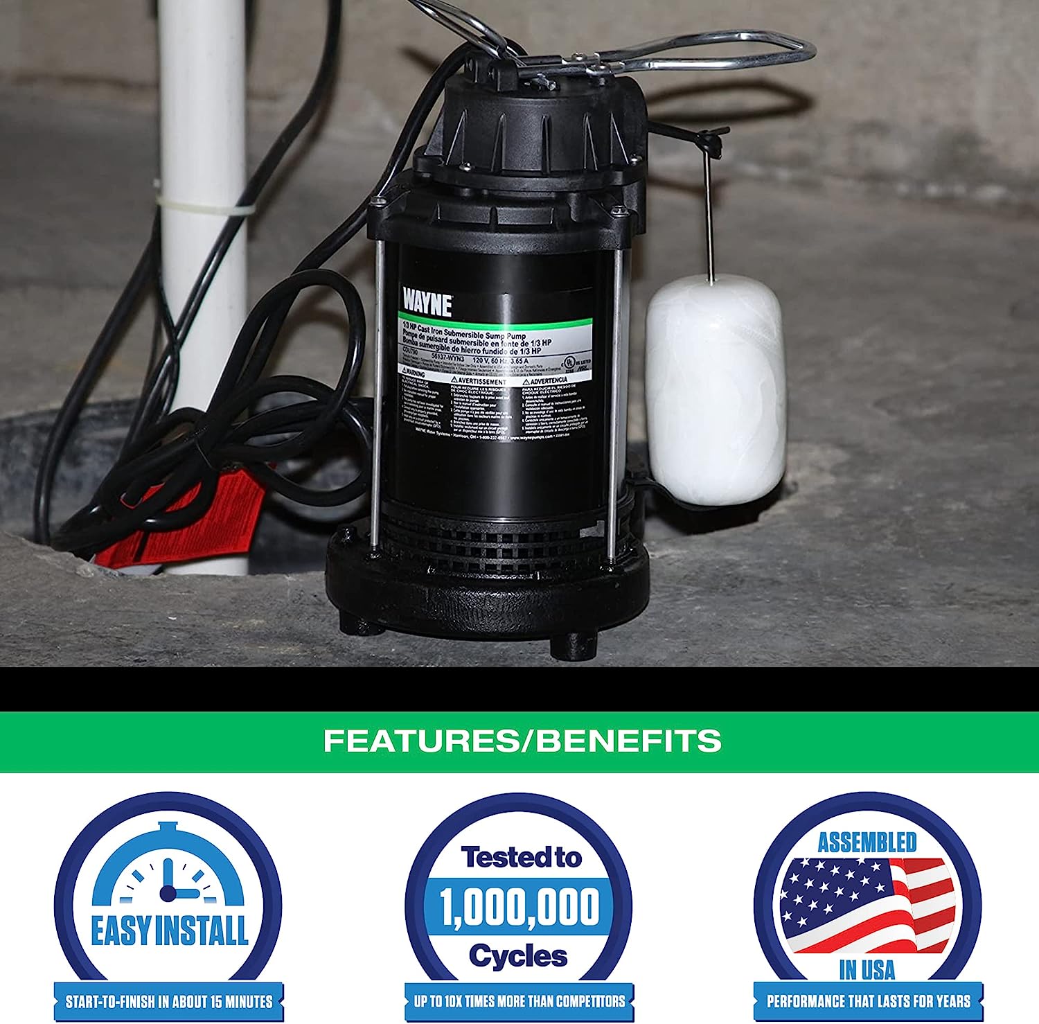 WAYNE CDU790 - 1/3 HP Submersible Cast Iron and Stainless Steel Sump Pump with Integrated Vertical Float Switch - Up to 4.600 Gallons Per Hour - Heavy Duty Basement Sump Pump . Black