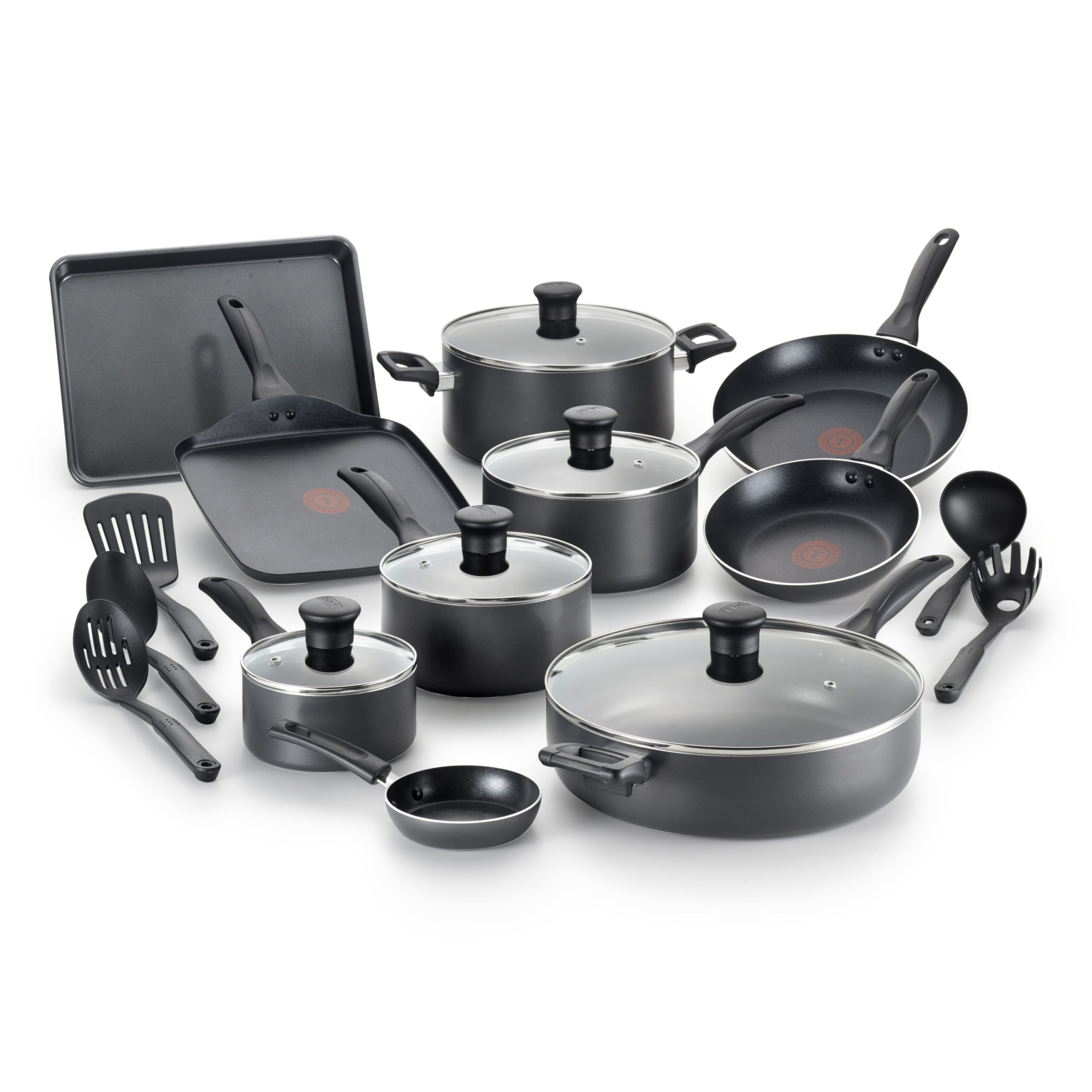 T-Fal Easy Care Thermo-Spot 20 Piece Non-Stick Dishwasher Safe Cookware Set. Gray