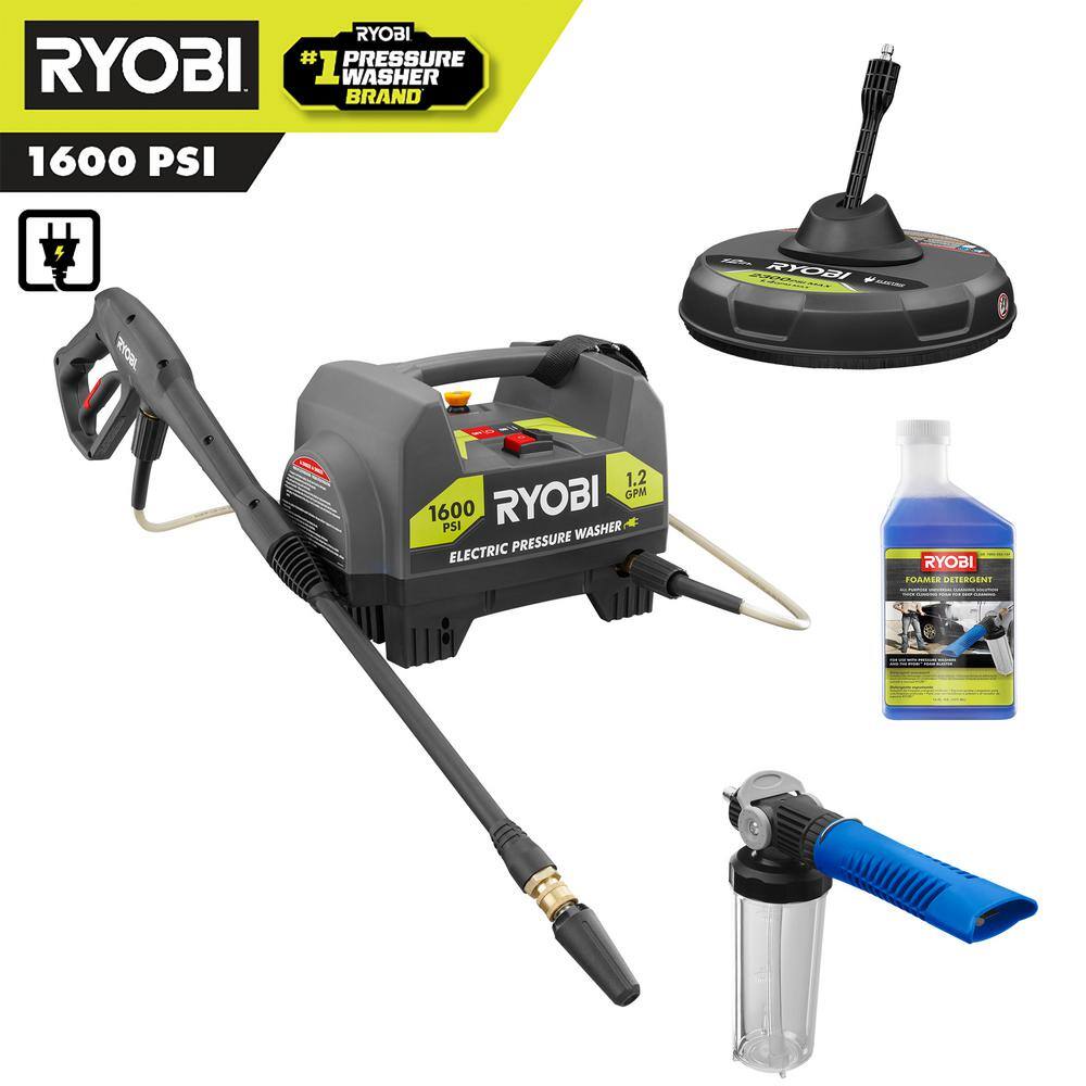 RYOBI RY141612-CMB1 1.600 PSI 1.2 GPM Electric Pressure Washer with Surface Cleaner. Foam Blaster and Detergent