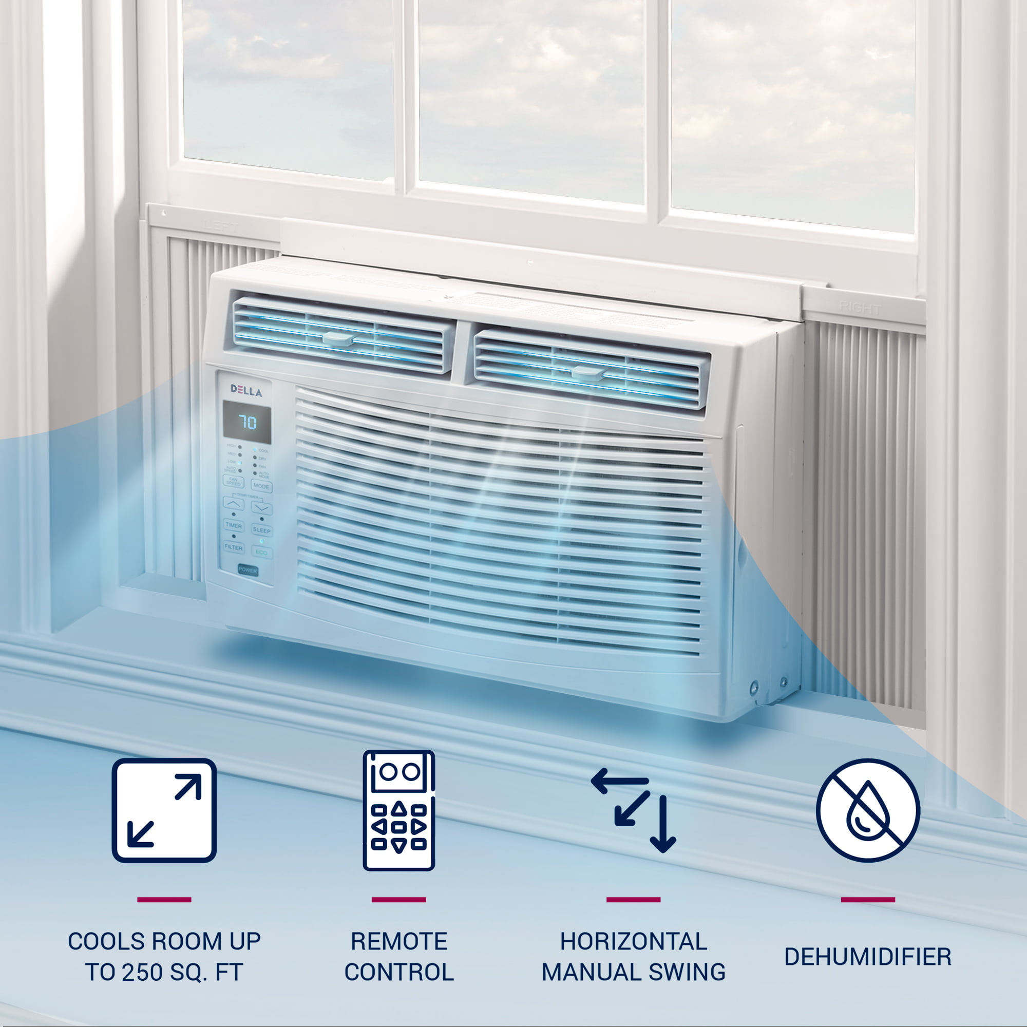 DELLA 6000 BTU Smart Window Air Conditioner Built-in WiFi. Whisper Quiet AC Unit with Remote/App Control. 115V. Openable windows free. Energy Star Certified. Quiet Operation. Cools 151-250 Sq.ft