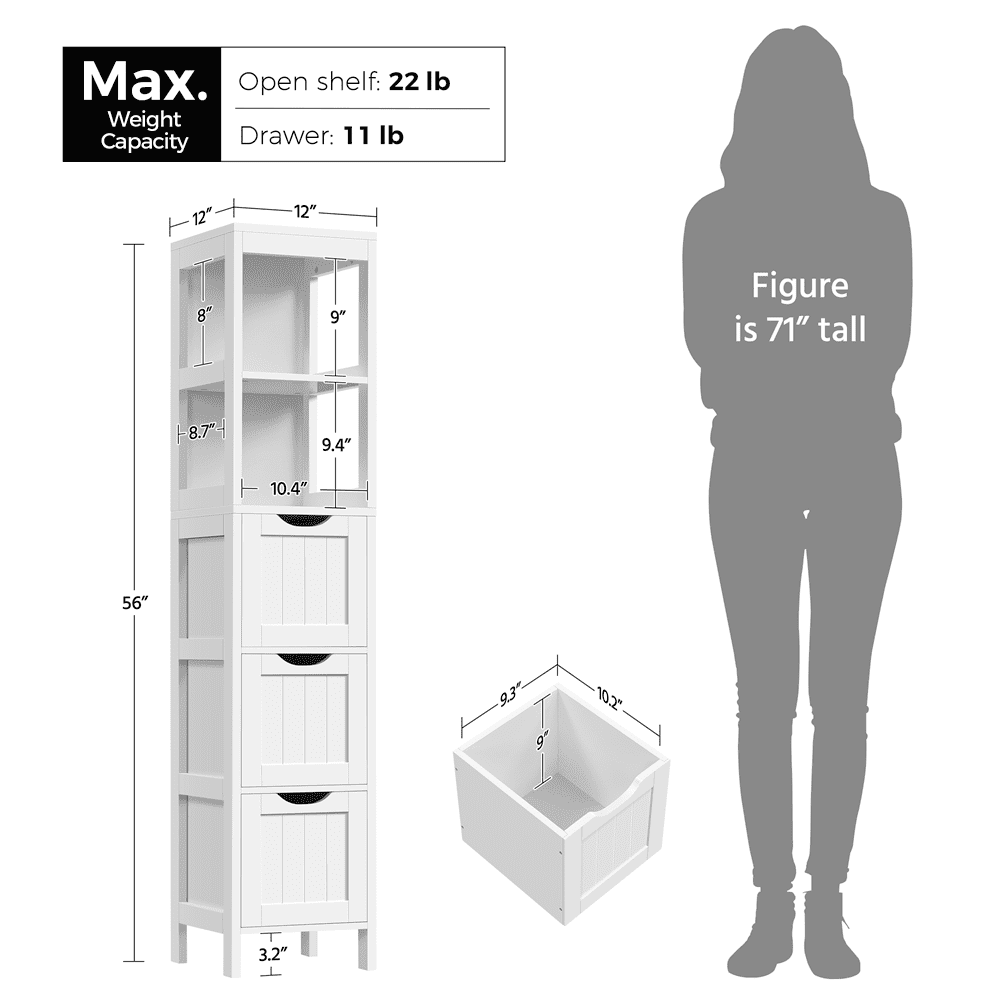 Easyfashion Modern Bathroom Storage Cabinet. 12″ L x 12″ W x 56″ H. White