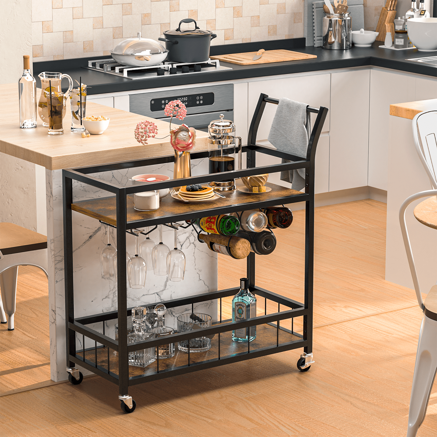 Homall Industrial Mobile Bar Cart with Wine Rack. Black