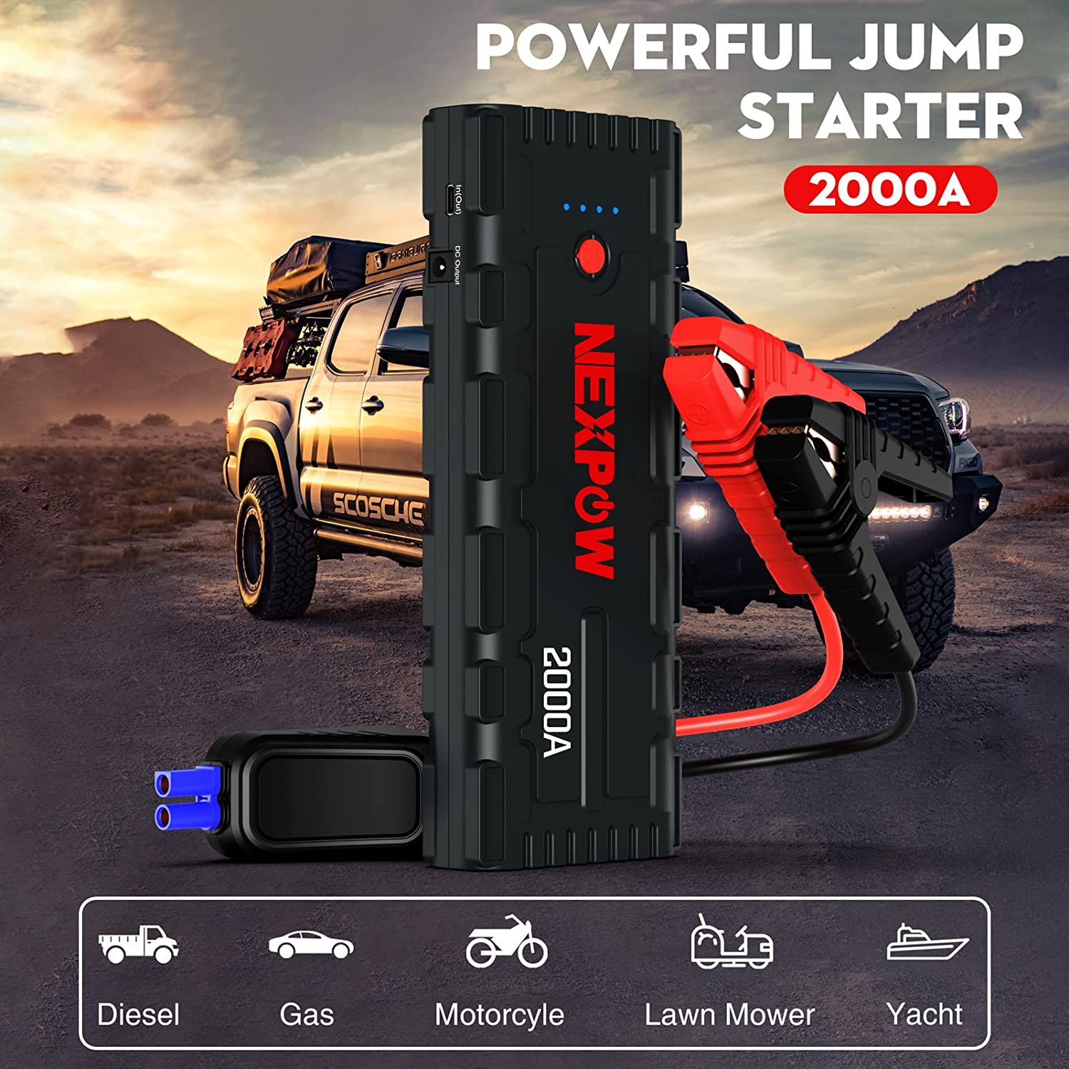 NEXPOW Car Jump Starter. 2000A Peak 12V Portable Car Battery Starter. Auto Battery Booster. Lithium Jump Box with LED Light/USB Quick Charge 3.0. Black