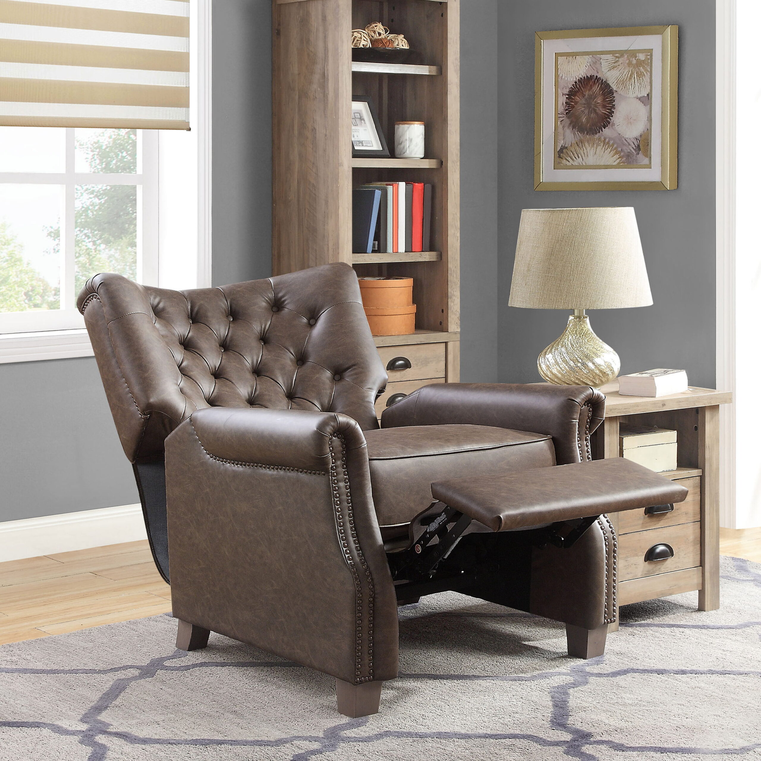 Better Homes & Garden Tufted Push Back Recliner. Brown Faux Leather Upholstery