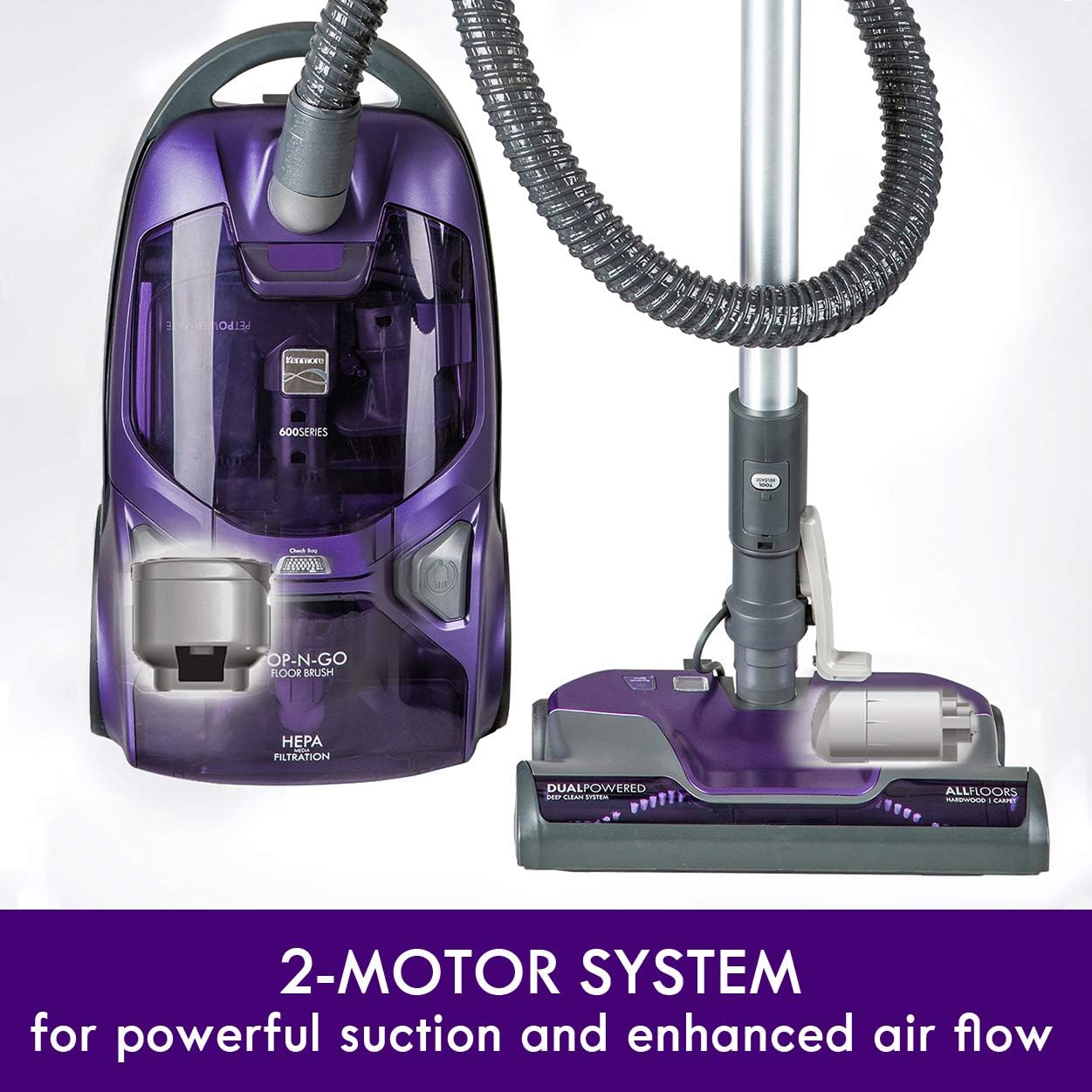 Kenmore 600 Series Friendly Lightweight Bagged Canister Vacuum with Pet PowerMate. Pop-N-Go Brush. 2 Motors. HEPA Filter. Aluminum Telescoping Wand. Retractable Cord and 4 Cleaning Tools. Purple