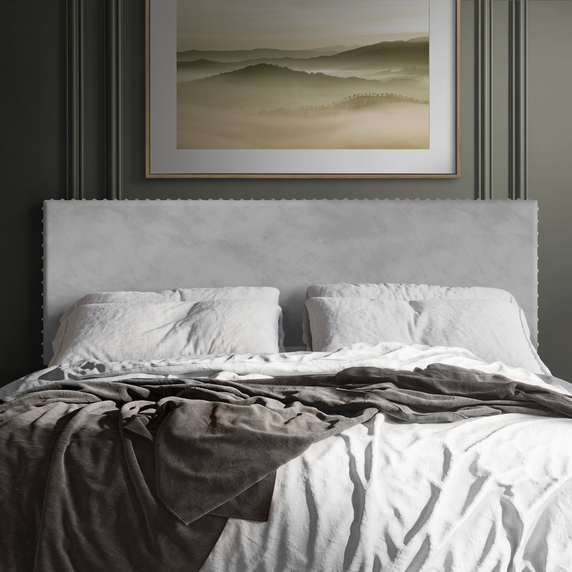 Castle Place Upholstered Nailhead Trim Velvet Headboard. Silver Grey. Twin