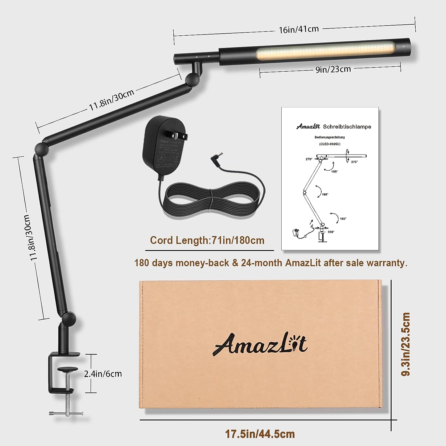 AmazLit LED Desk Lamp with Clamp . Eye-Care Desk Light. 5 Brightness & Adjustable Color Temperature