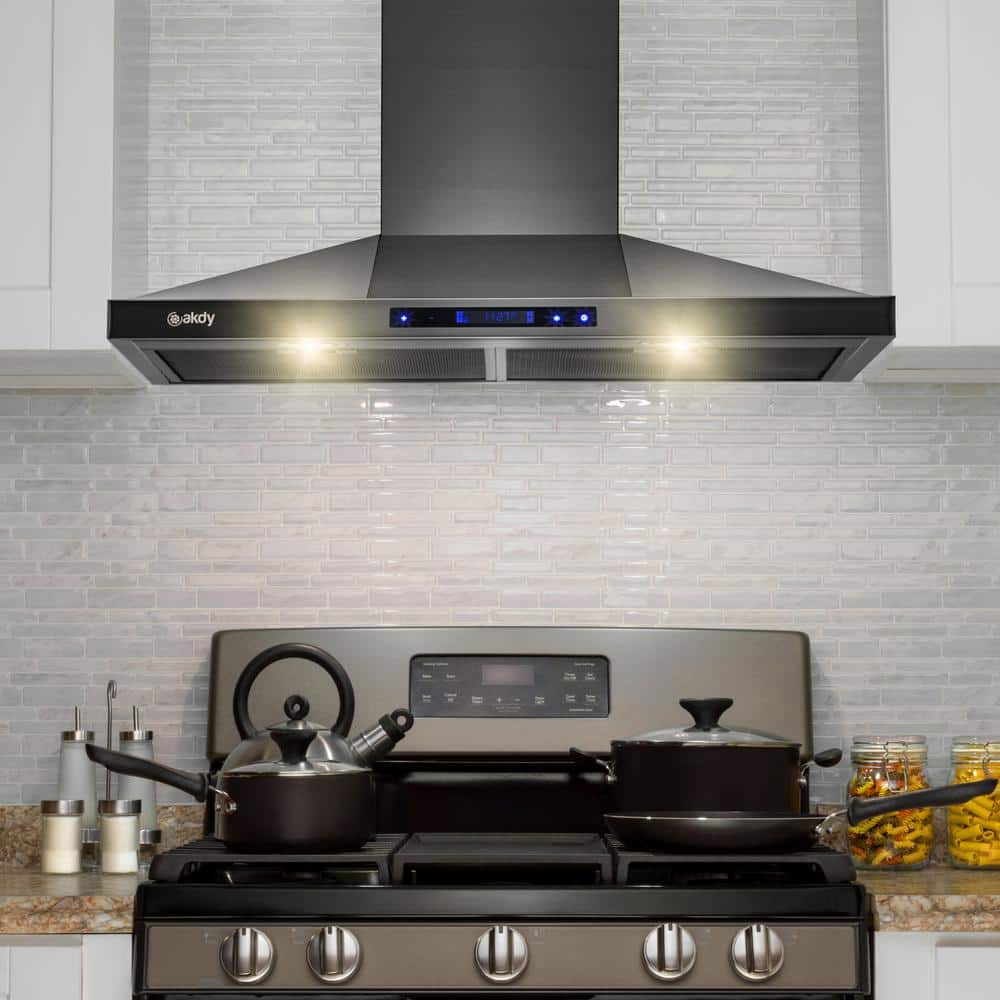 AKDY RH0017 30 in. 343 CFM Convertible Wall Mount Black Stainless Steel Kitchen Range Hood with Touch Panel