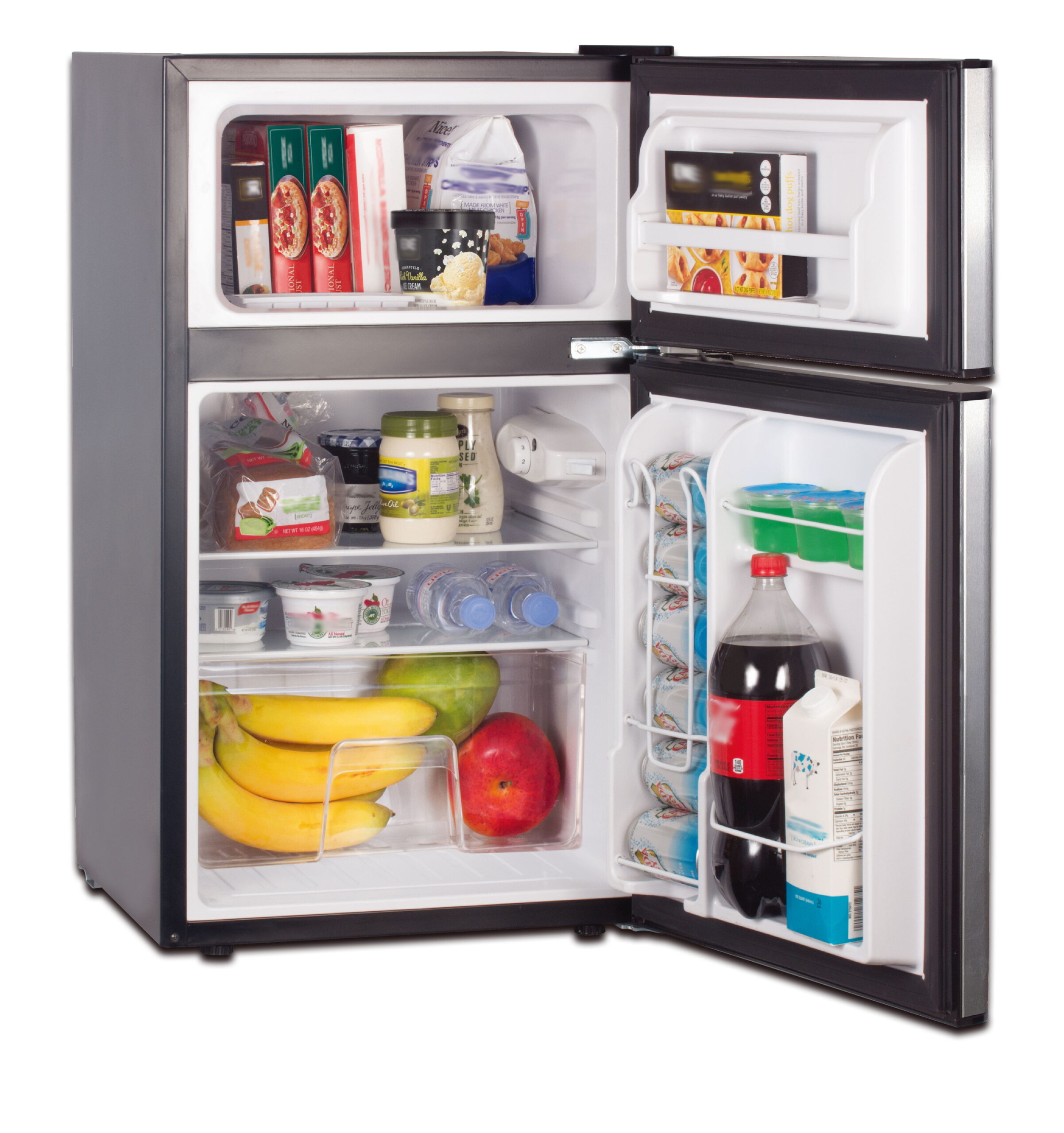 RCA 3.2 Cu. Ft. Two Door Compact Refrigerator with Freezer RFR834. Stainless Steel