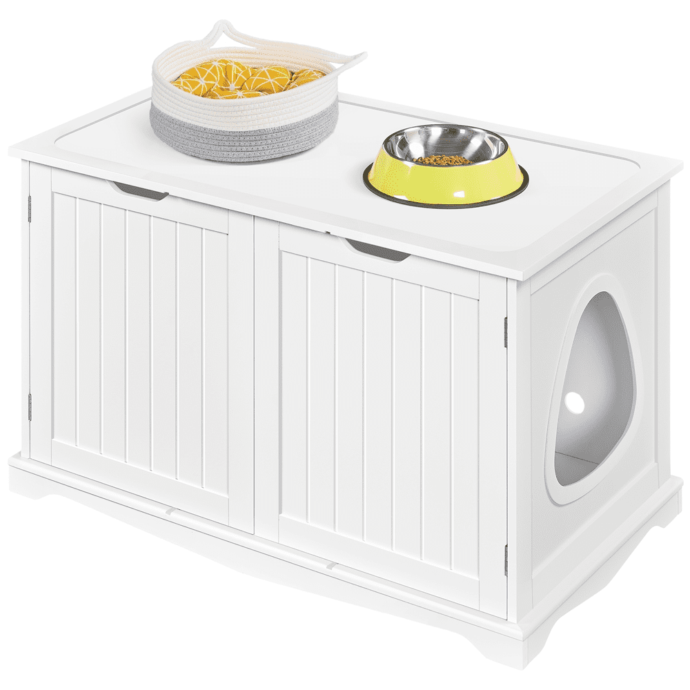 Easyfashion Wooden Cat Litter Box with Divider. White