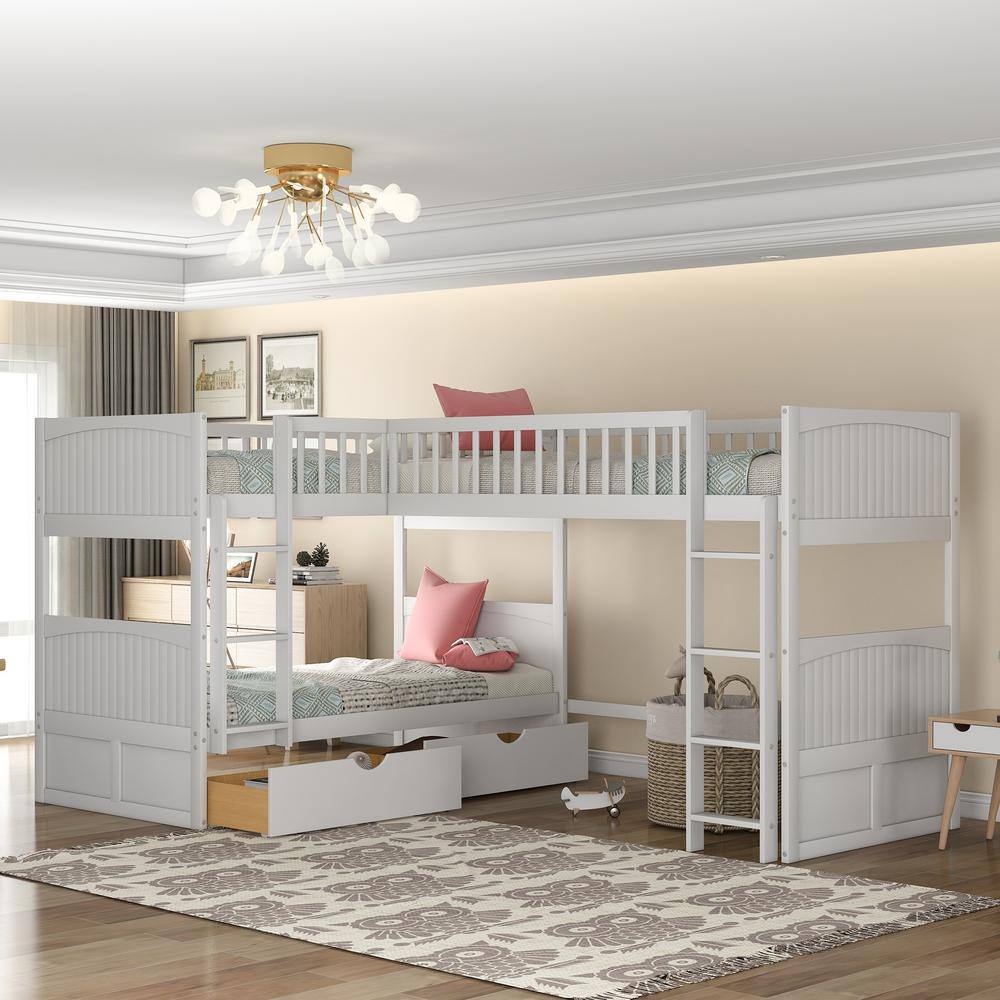 Qualler  White Twin Size Bunk Bed with a Loft Bed and Two Drawers