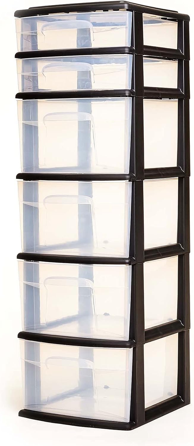 Homz Plastic 6 Clear Drawer Medium Home Storage Container Tower with 4 Large Drawers and 2 Small Drawers. Black Frame