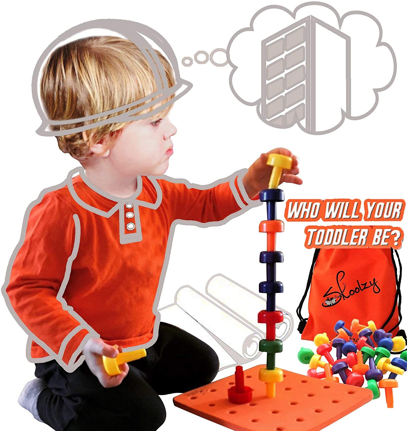 Skoolzy Peg Board Set - Montessori Toys for Toddlers. Preschool Kids. 30 Lacing Pegs