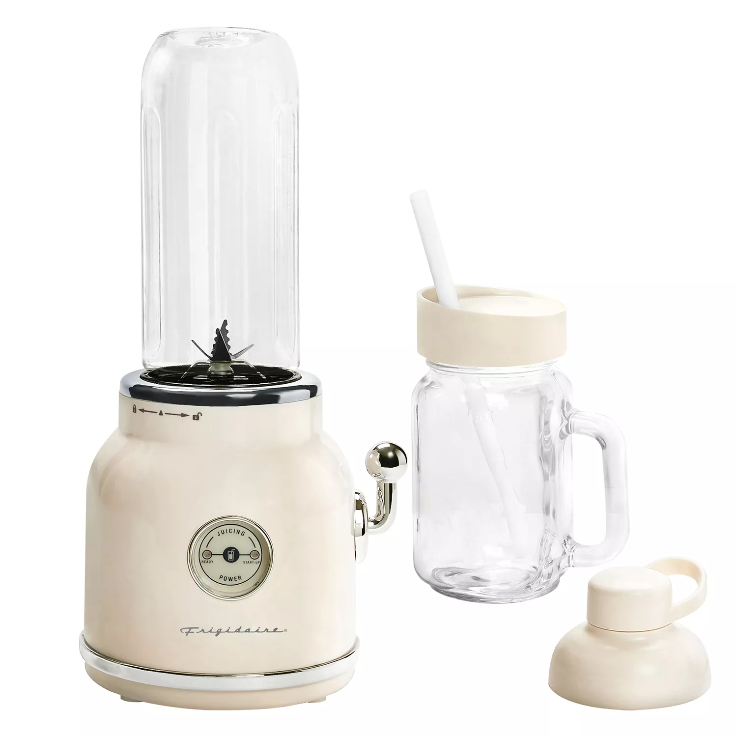 FRIGIDAIRE ESMM100-CREAM Retro Smoothie Maker Blender with Mason Jar. Perfect for Shakes and Smoothies. 300-Watt. Cream