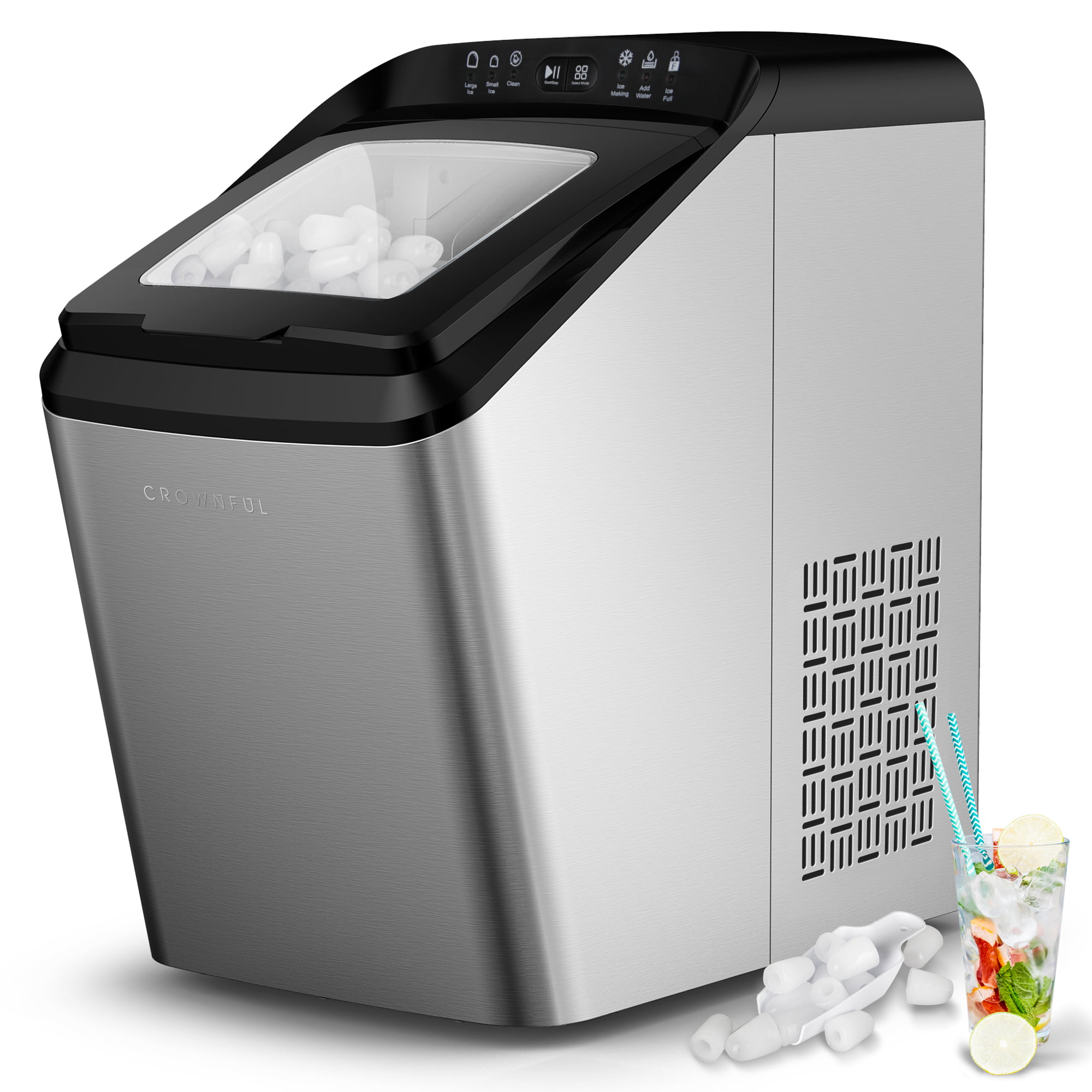 CROWNFUL Compact Ice Maker for Countertop 33 lbs/24H. 2 Size (S/L) Crunchy Ice. Self-Cleaning. with Ice Scoop and Basket
