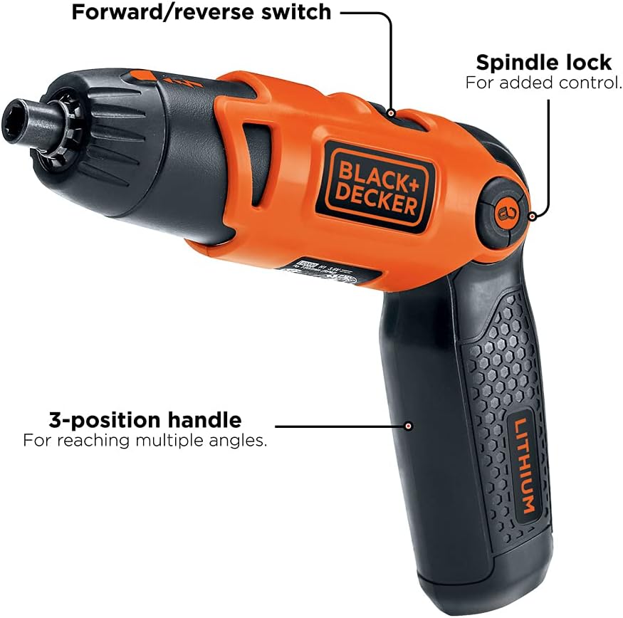 BLACK+DECKER Electric Screwdriver. Cordless. 180 RPM. 3.6V. Spindle Lock with Pivoting Handle. Charger and 2 Hex Shank Bits Included (Li2000)