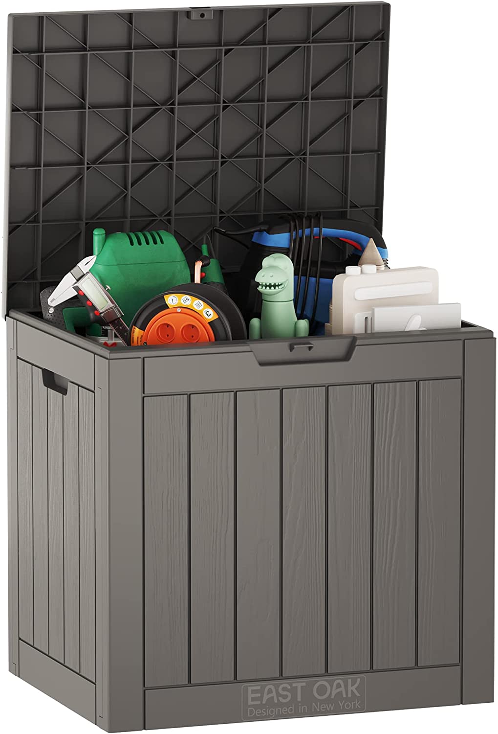 EAST OAK Deck Box. 31 Gallon Indoor and Outdoor Storage Box with Padlock for Patio Cushions. Outdoor Toys. Gardening Tools. Sports Equipment. Waterproof and UV Resistant Resin. Grey