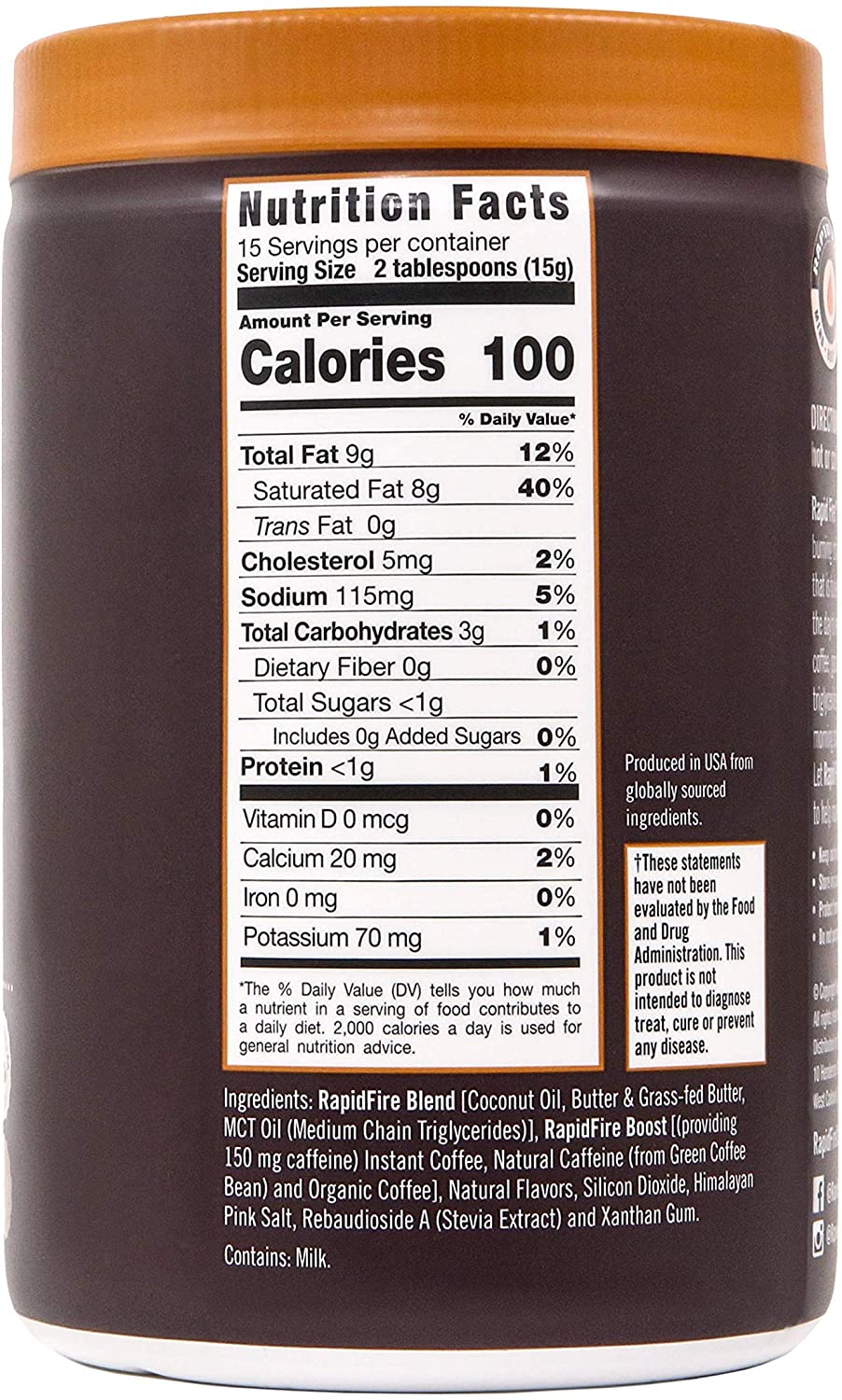 Rapid fire Ketogenic Fair Trade Instant Keto Coffee Mix. Supports Energy. Metabolism. and Weight Loss. Grass Fed Butter. MCTs & Himalayan Salt. 15 servings. Caramel Macchiato Flavor. 7.93 Ounce