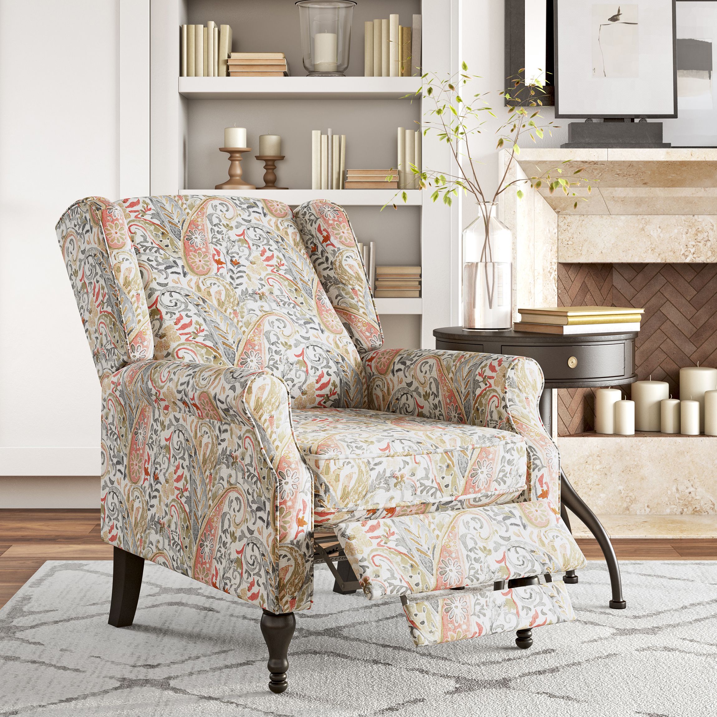 Homesvale Elmina Push Back Recliner Chair. Multi Coral Paisley