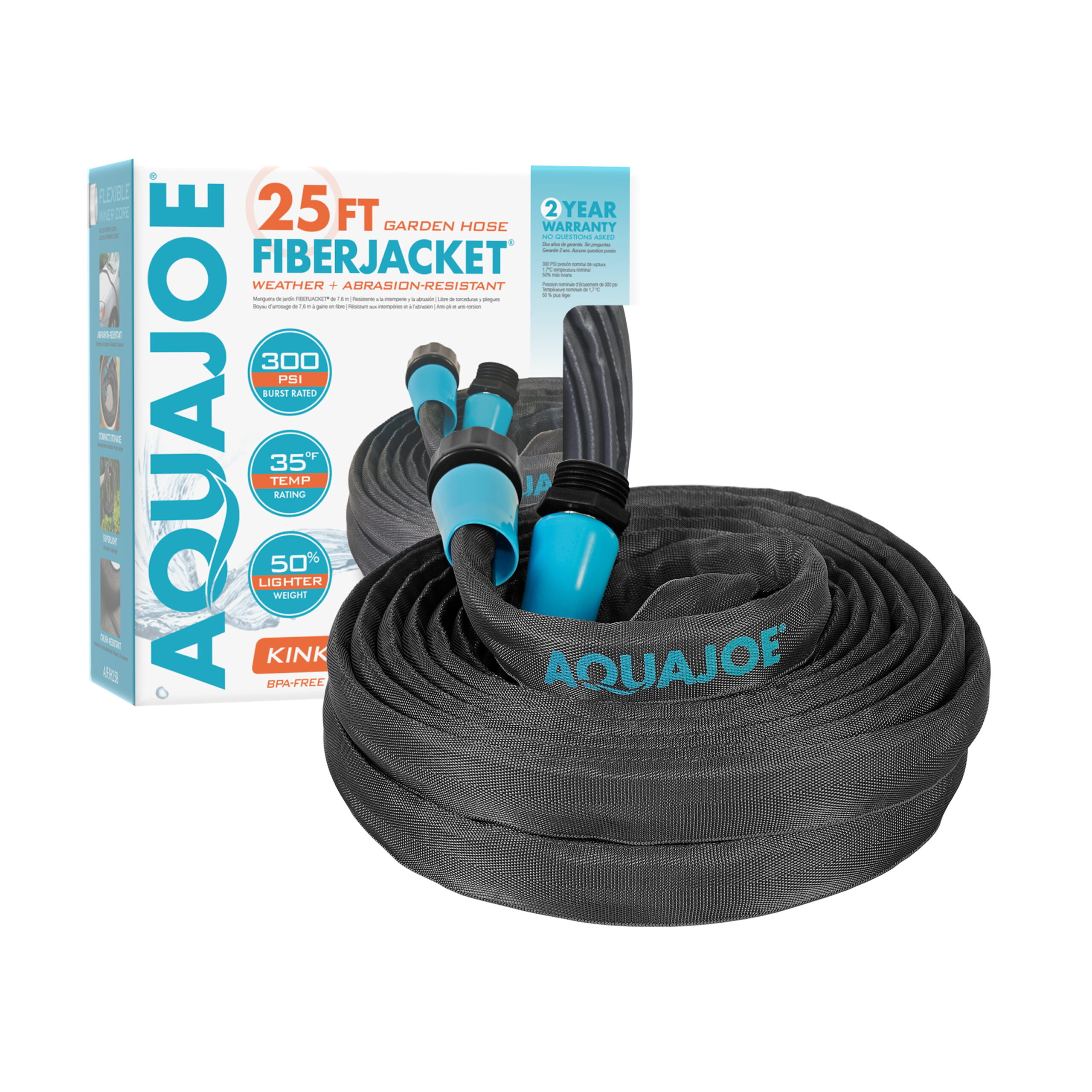 Aqua Joe AJFJH25B Ultra Flexible Kink Free Fiber Jacket Garden Hose. 25-ft. 300 PSI Burst Rated