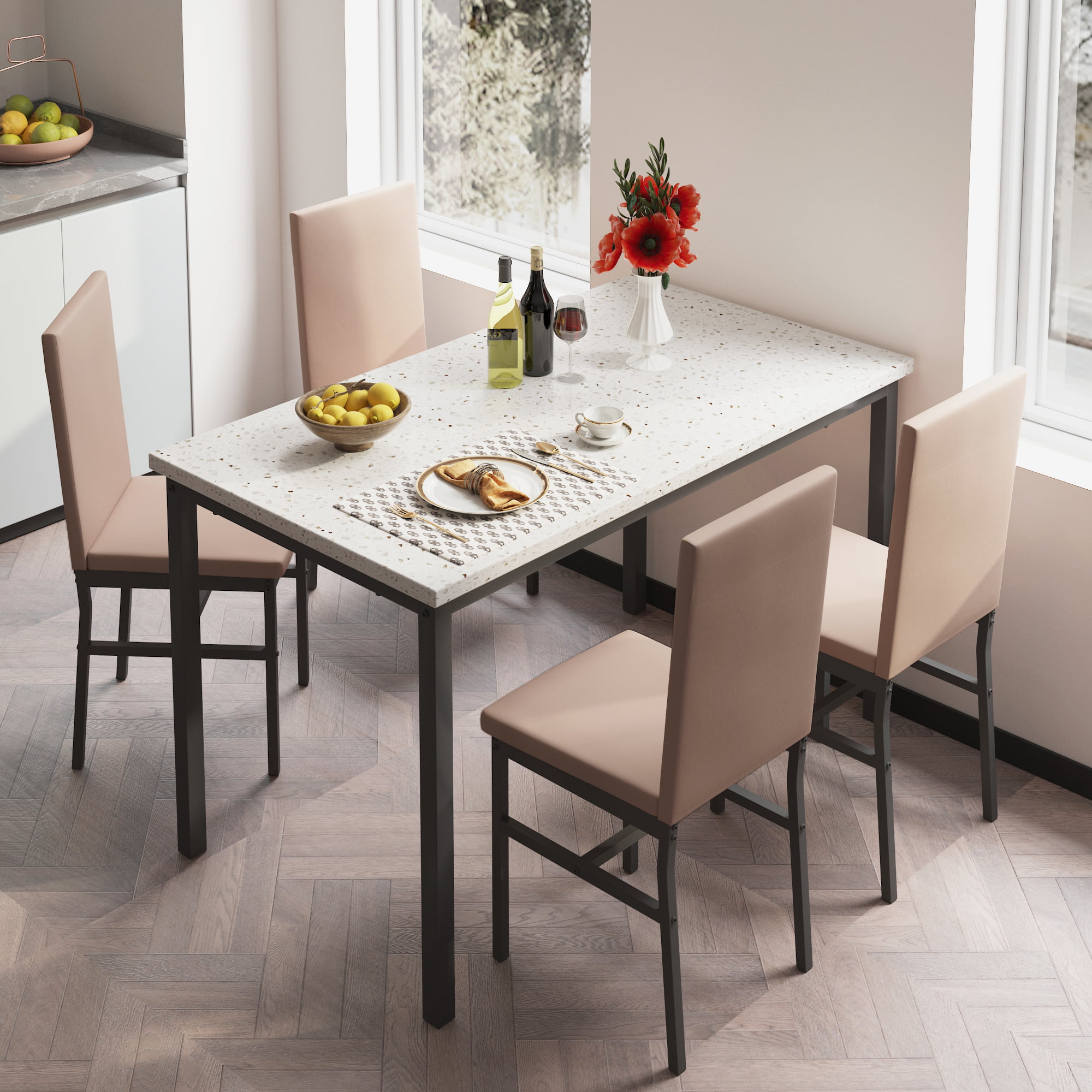 Syngar 5 Piece Dining Set. Modern Dining Table and Chairs Set for 4. Kitchen Dining Table Set with Faux Marble Tabletop and 4 PU Leather Upholstered Chairs. for Small Space. Breakfast Nook. D9265
