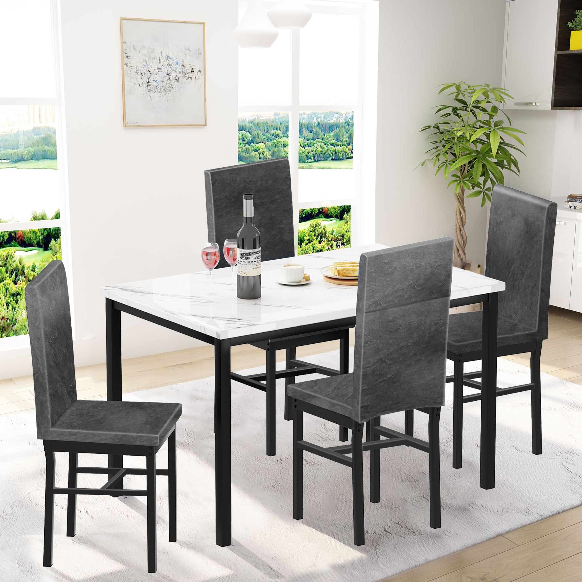 Syngar 5 Piece Dining Set. Modern Dining Table and Chairs Set for 4. Kitchen Dining Table Set with Faux Marble Tabletop and 4 Velvet Fabric Upholstered Chairs. for Small Space. Breakfast Nook. D9297
