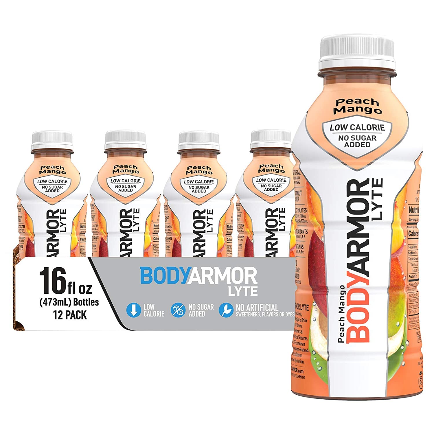 BODYARMOR Lyte Sports Drink Low-Calorie Beverage. Natural Flavors With Vitamins. Peach Mango. 16 Fl Oz. Pack of 12