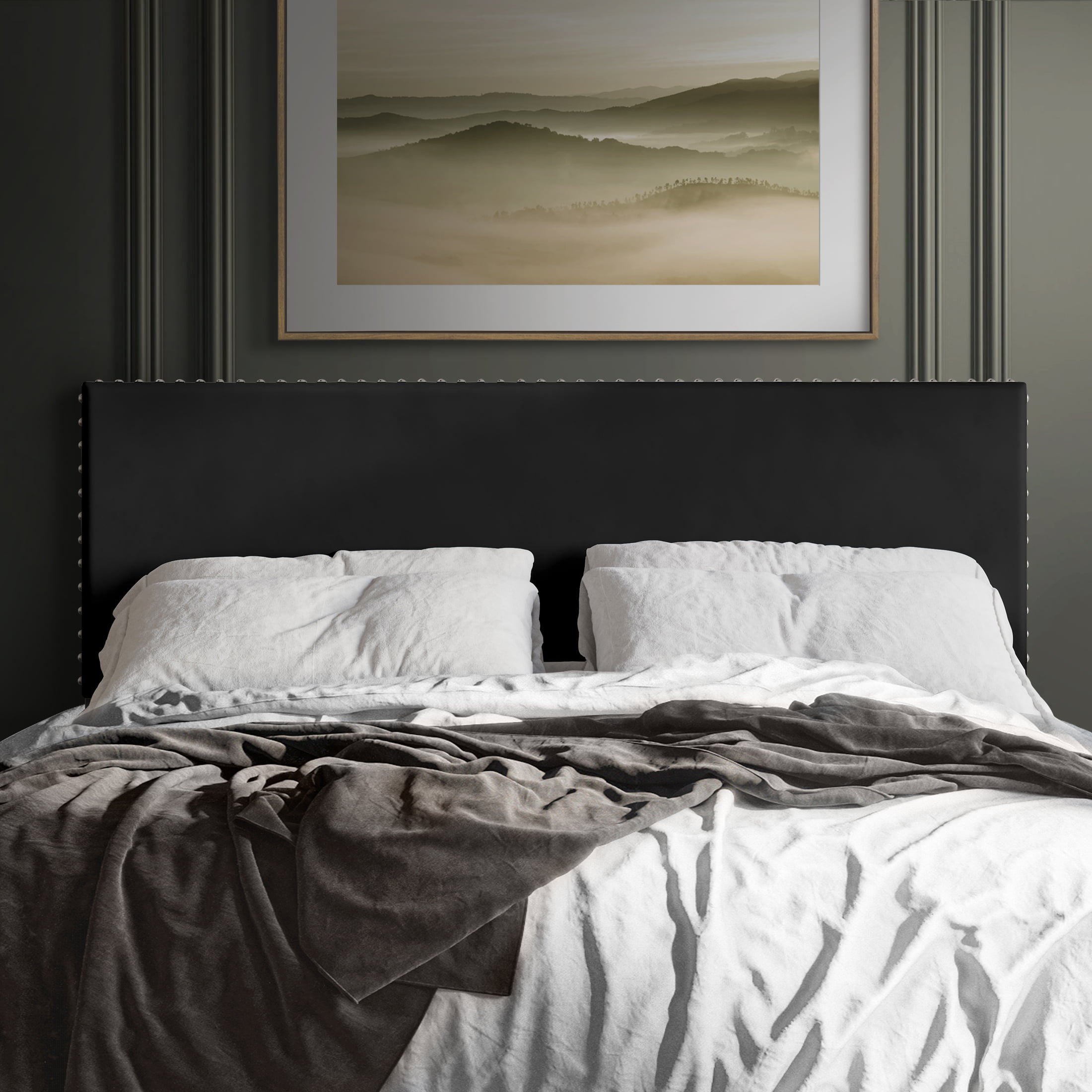 Castle Place Upholstered Nailhead Trim Velvet Headboard. Black. Full