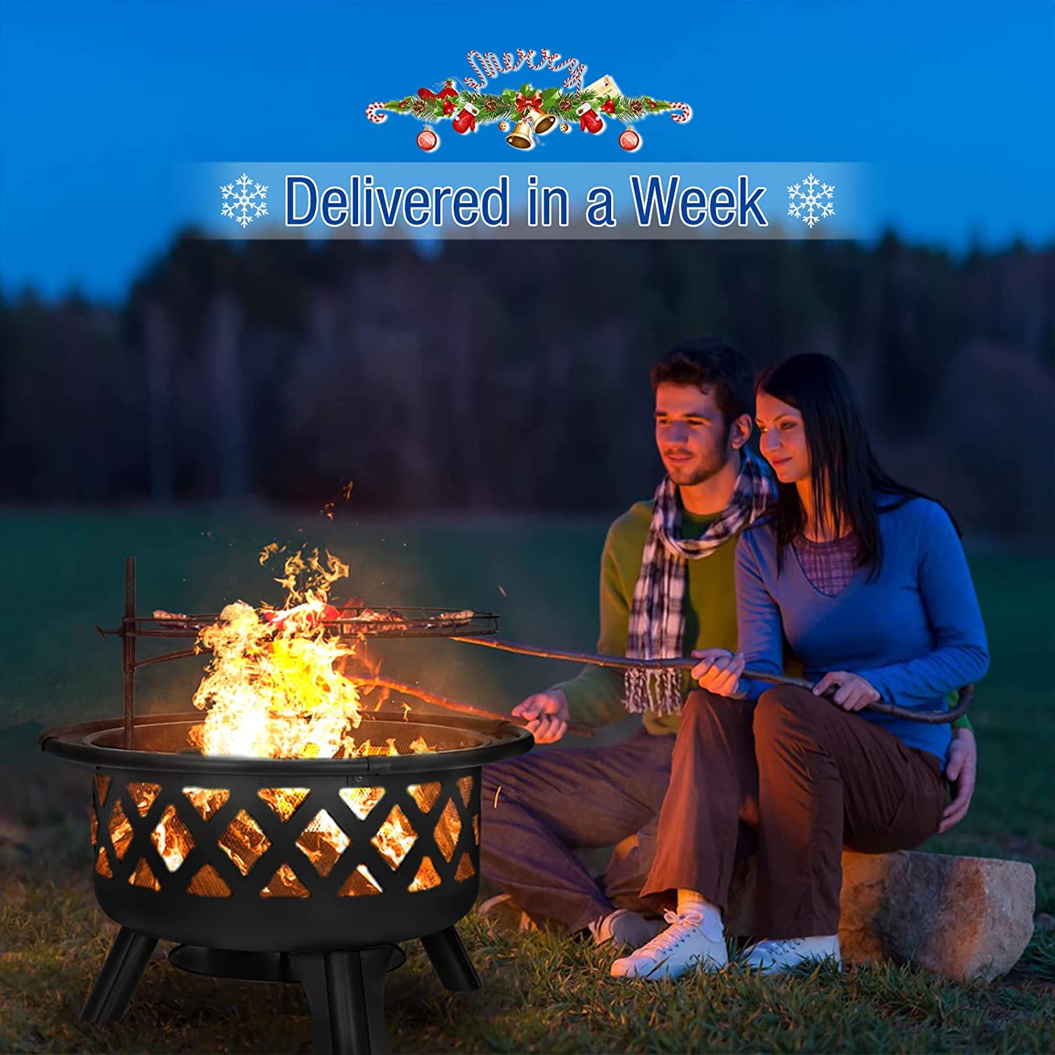 AKSG 2 in 1 Fire Pit with Cooking Grate 30” Wood Burning Firepit Outdoor Fire Pits Steel Firepit Bowl Outside with Swivel BBQ Grill. Spark Screen. Poker for Backyard Garden Bonfire Patio