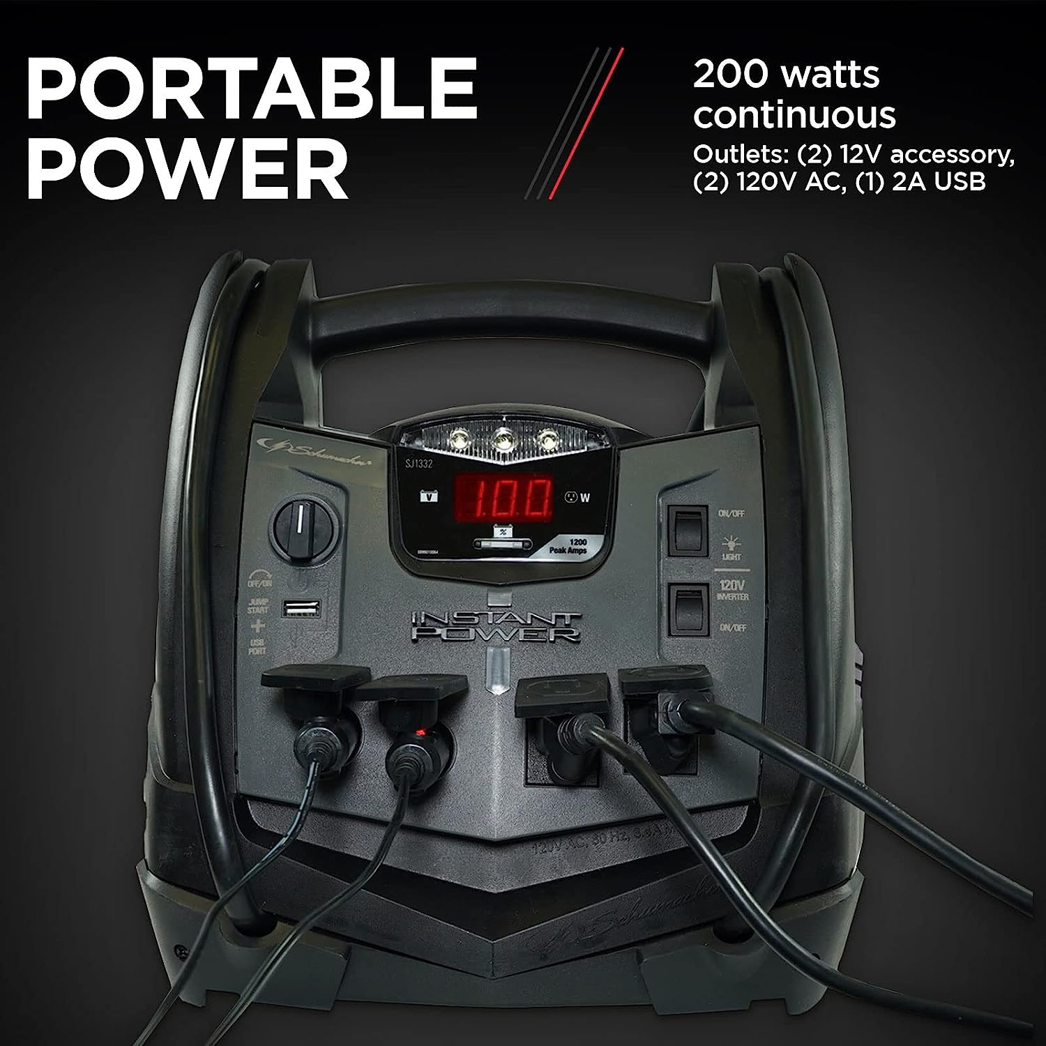 Schumacher SJ1332 Rechargeable AGM Jump Starter for Gas Diesel Vehicles - 1200 Amps with Air Compressor and AC. 12V DC. USB Power Station