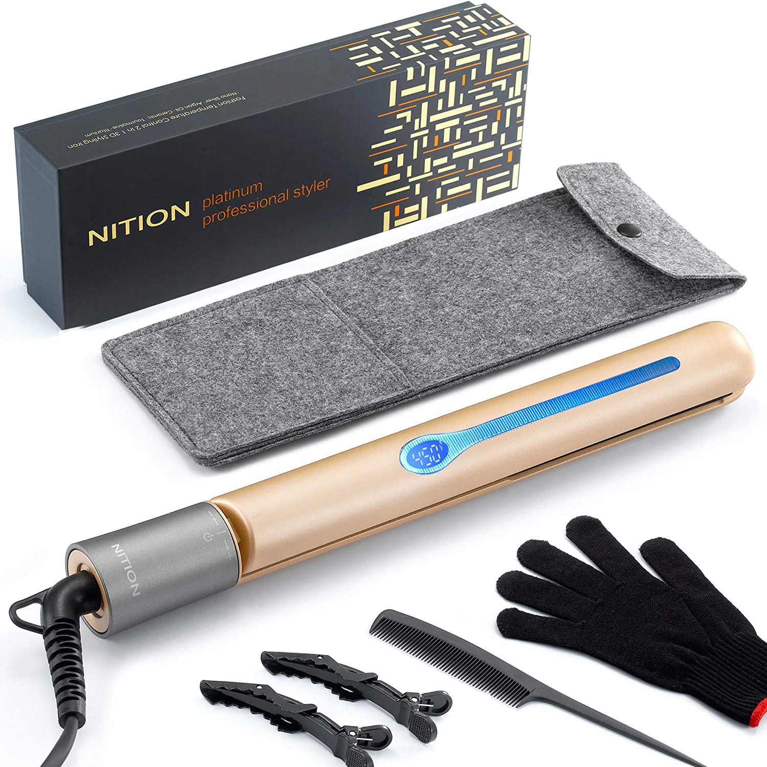 NITION Professional Salon Hair Straightener Argan Oil Tourmaline Ceramic Titanium Straightening Flat Iron for Healthy Styling.LCD 265°F-450°F.2-in-1 Curling Iron for All Hair Type.Gold.1 inch Plate