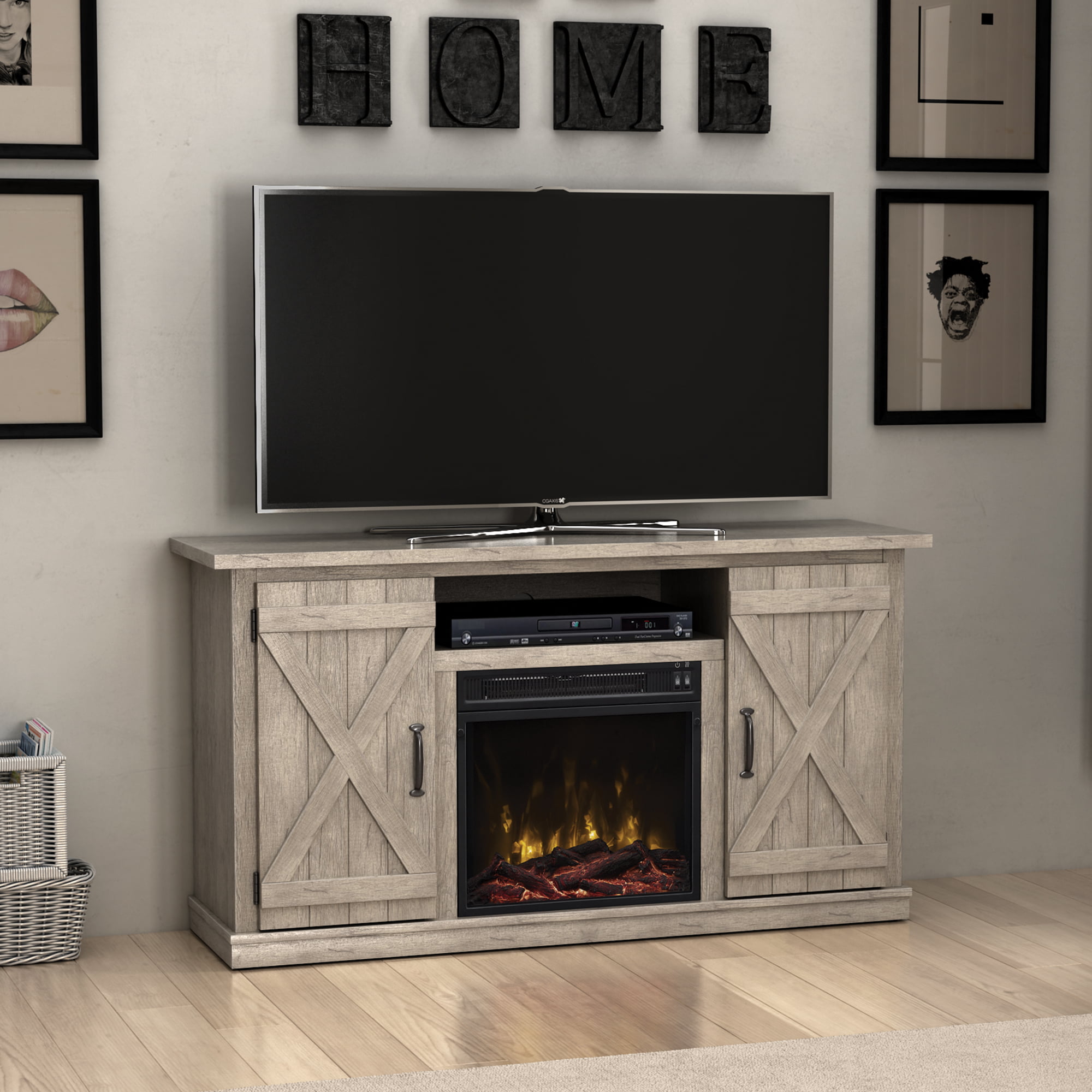 Twin Star Home Barn Door TV Stand for TVs up to 55″ with ClassicFlame Electric Fireplace. Ashland Pine