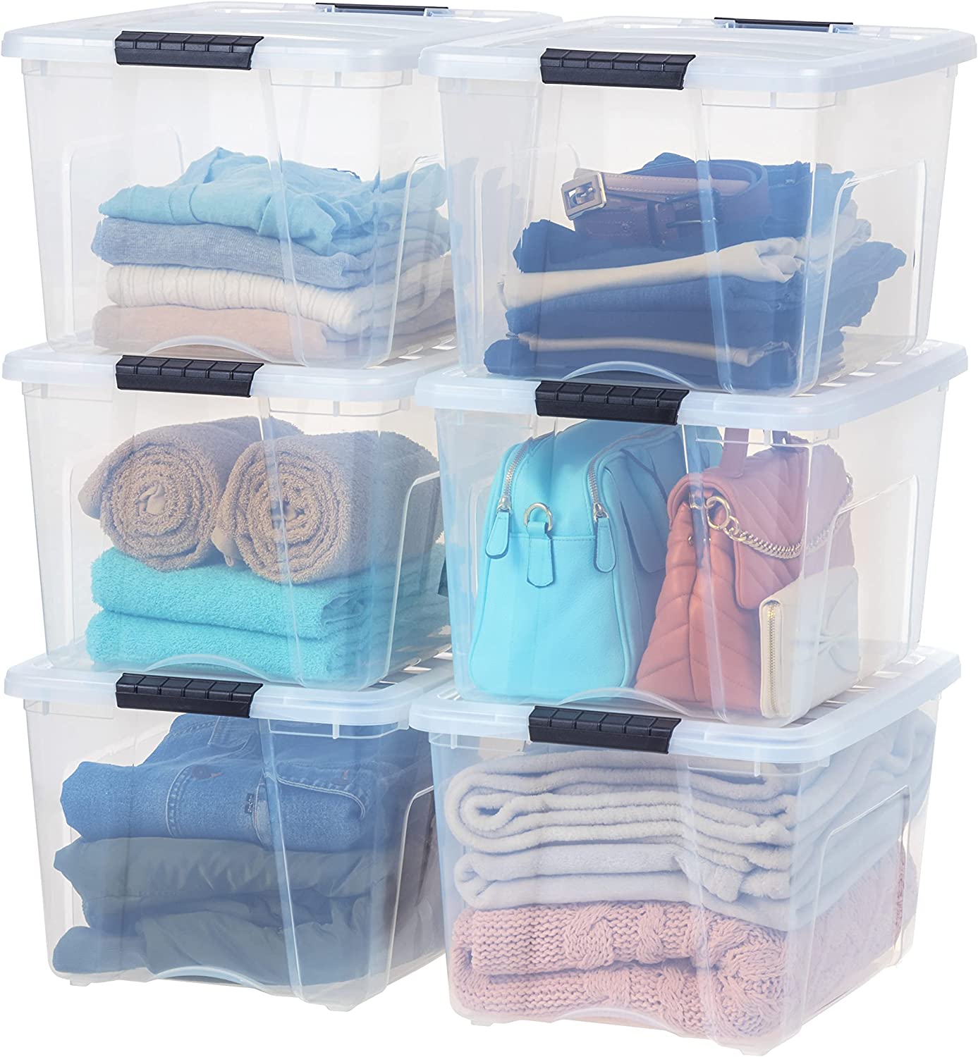 IRIS USA 53 Qt. Plastic Storage Container Bin with Secure Lid and Latching Buckles. 6 pack - Clear. Durable Stackable Nestable Organizing Tote Tub Box Toy General Organization Garage Large