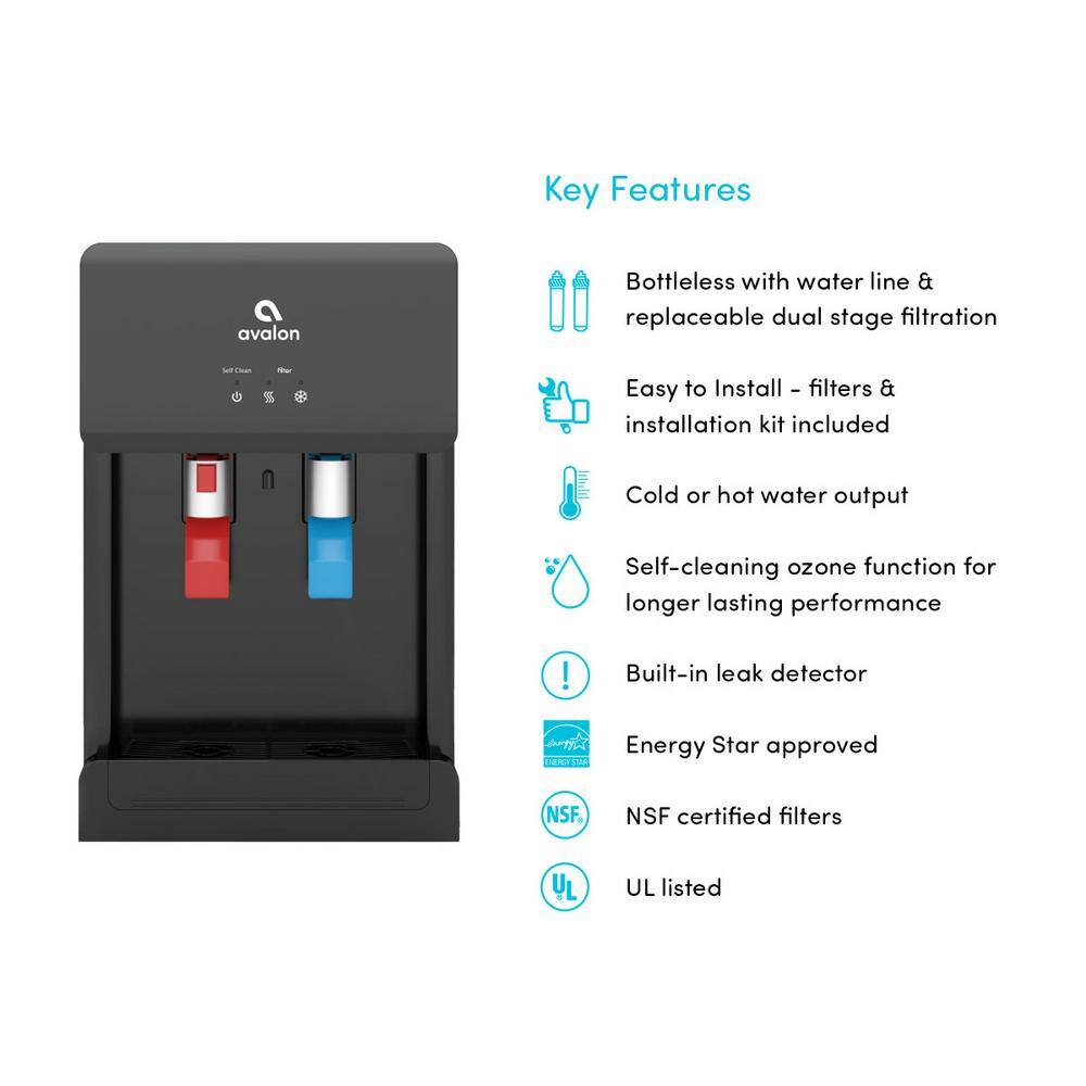 Avalon A8BOTTLELESSBLK Countertop Self Cleaning Touchless Bottle less Water Cooler Dispenser. Hot/Cold Water. NSF/UL/Energy Star. Black