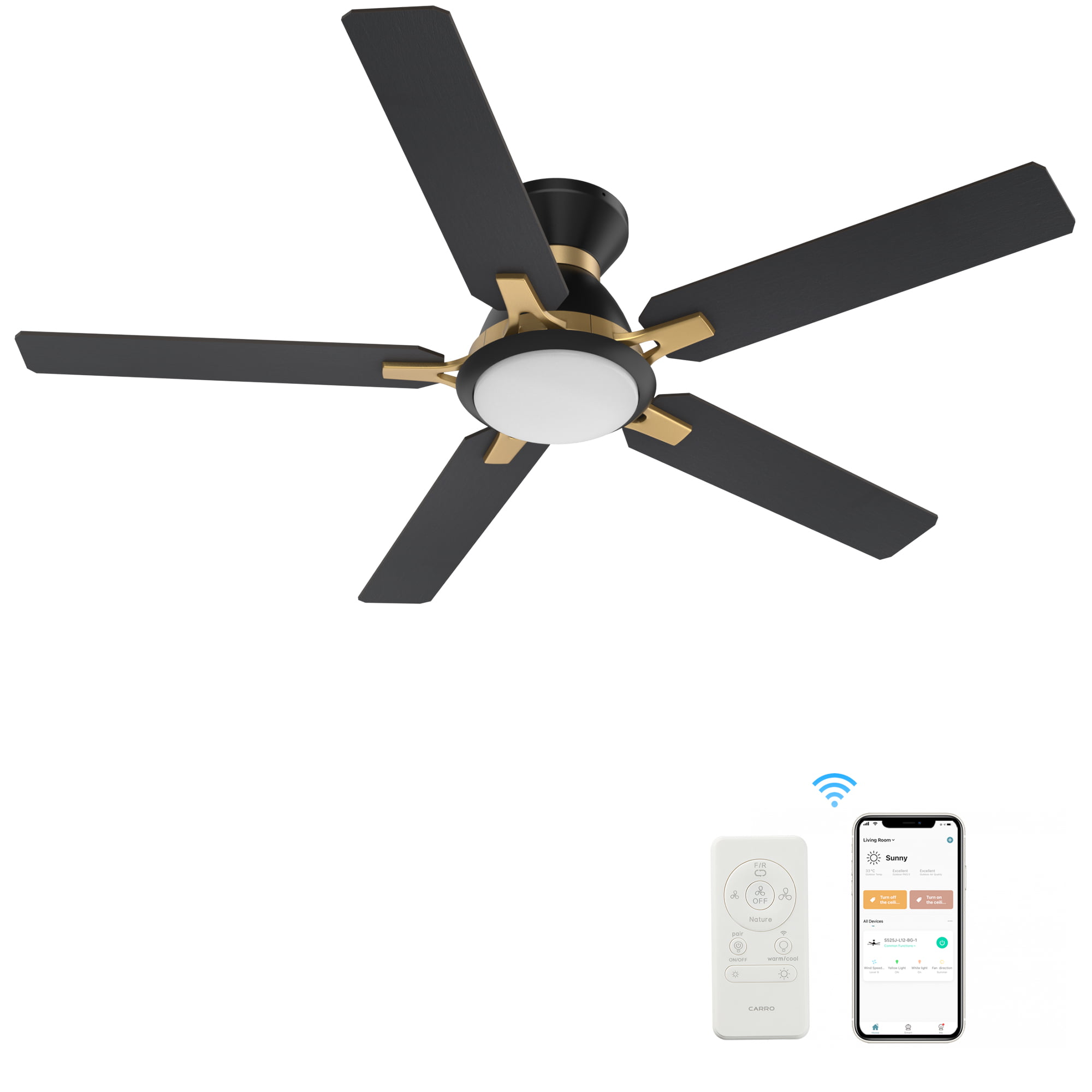 Smaair 52″ 5-Blade Flush Mount Smart Ceiling Fan with Dim LED Light and Remote - Black/Gold