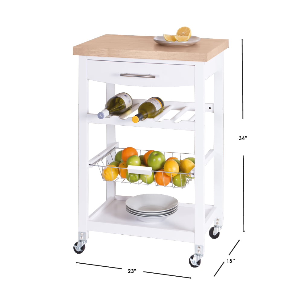 Home Basics 4 Tier Kitchen Trolley with Wood Top. White