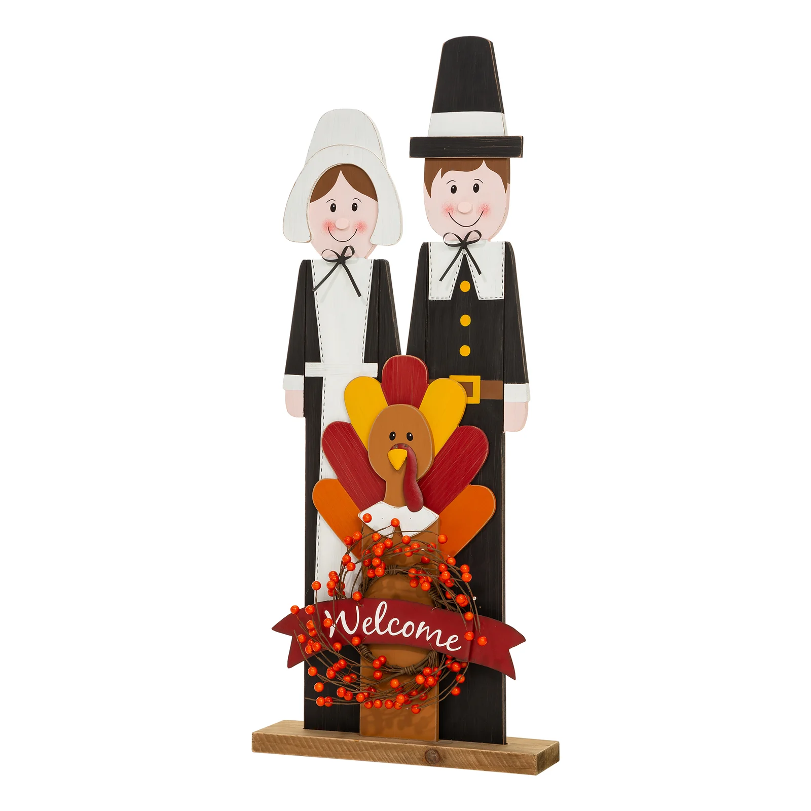 Glitzhome 36H Thanksgiving Wooden Pilgrim Couple Turkey Wreath Poch Sign Decor