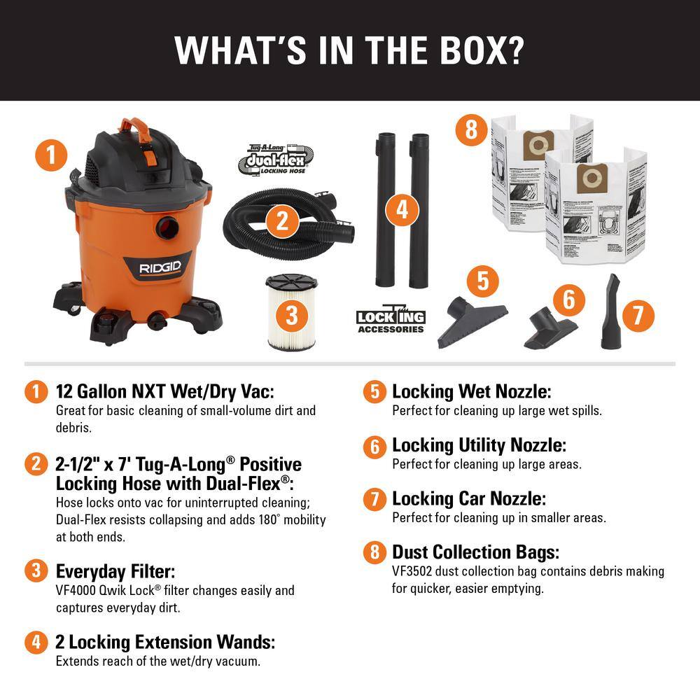 RIDGID HD1200F 12 Gallon 5.0 Peak HP NXT Wet/Dry Shop Vacuum with Filter. Dust Collection Bags. Locking Hose and Accessories