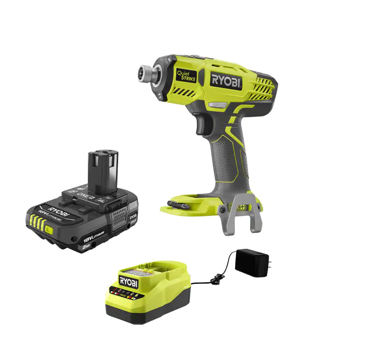 RYOBI P290-PSK005 ONE+ 18V Cordless 1/4 in. Hex QuietSTRIKE Pulse Driver with Belt Clip. 2.0 Ah Battery. and Charger
