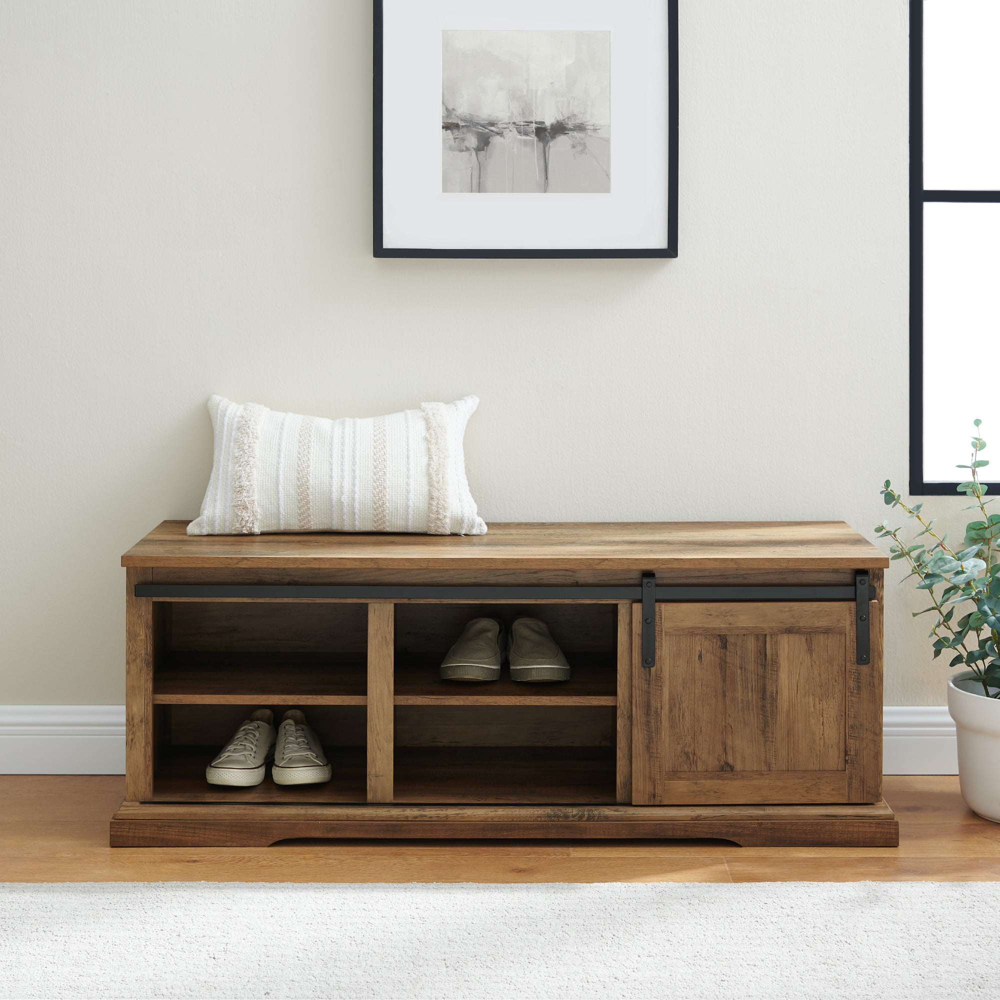 Woven Paths Dorset Grooved Sliding Barn Door Storage Bench. Reclaimed Barnwood