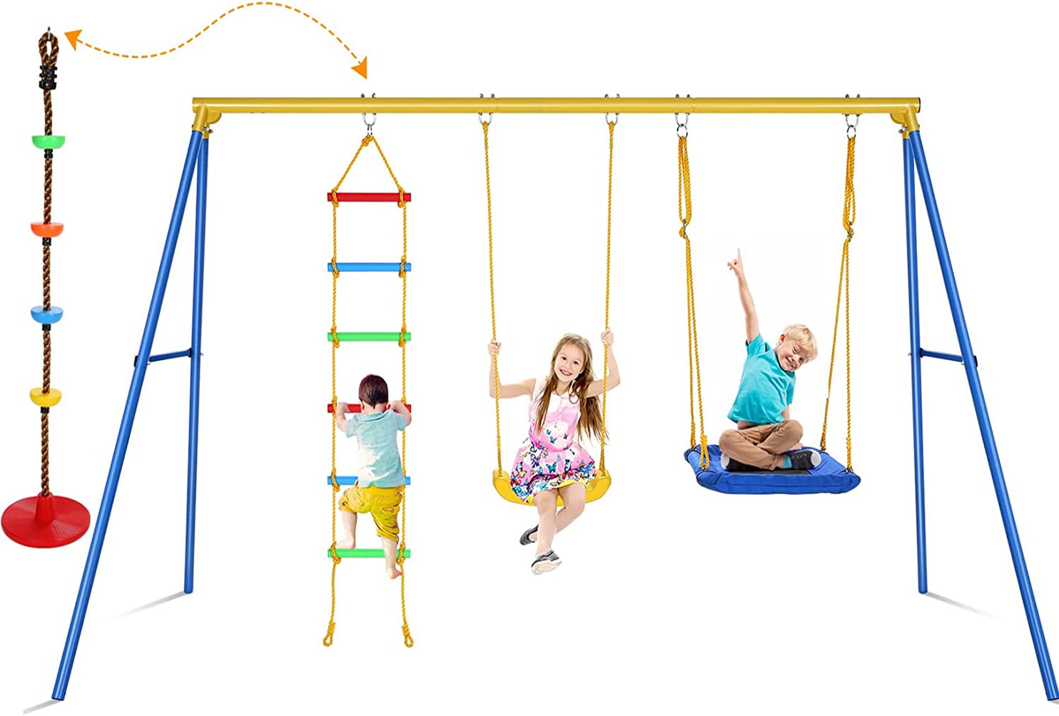 4 in 1 Swing Set. Heavy Duty A-Frame Swing Frame. Weight Capacity 440 lbs Adjustable Outdoor Playground with Swing Seat. Bird-s Nest Swing Seat. Climbing Ladder and Climbing Rope