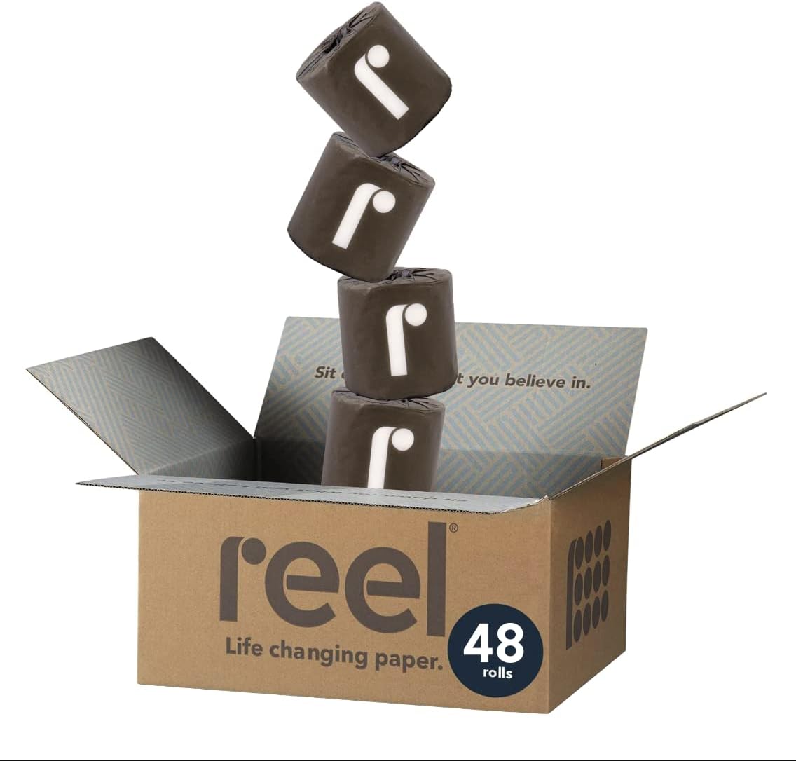 Bulk Reel Premium Bamboo Toilet Paper - 2 Pack - 48 Rolls of Toilet Paper - 3-Ply Made From Tree-Free. 100% Bamboo Fibers - Eco-Friendly Zero Plastic Packaging