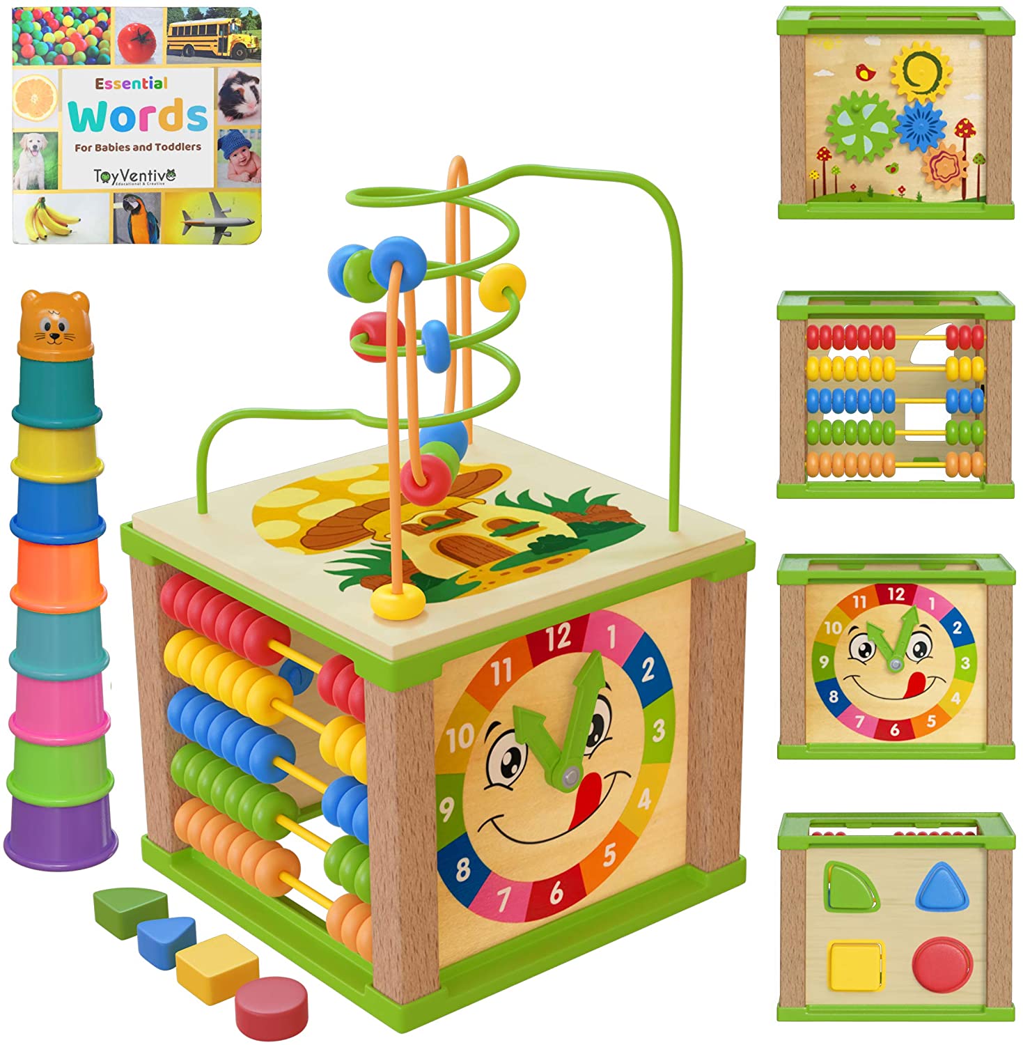 TOYVENTIVE Wooden Kids Baby Activity Cube. Toddler Educational. Toys 12-18 Months