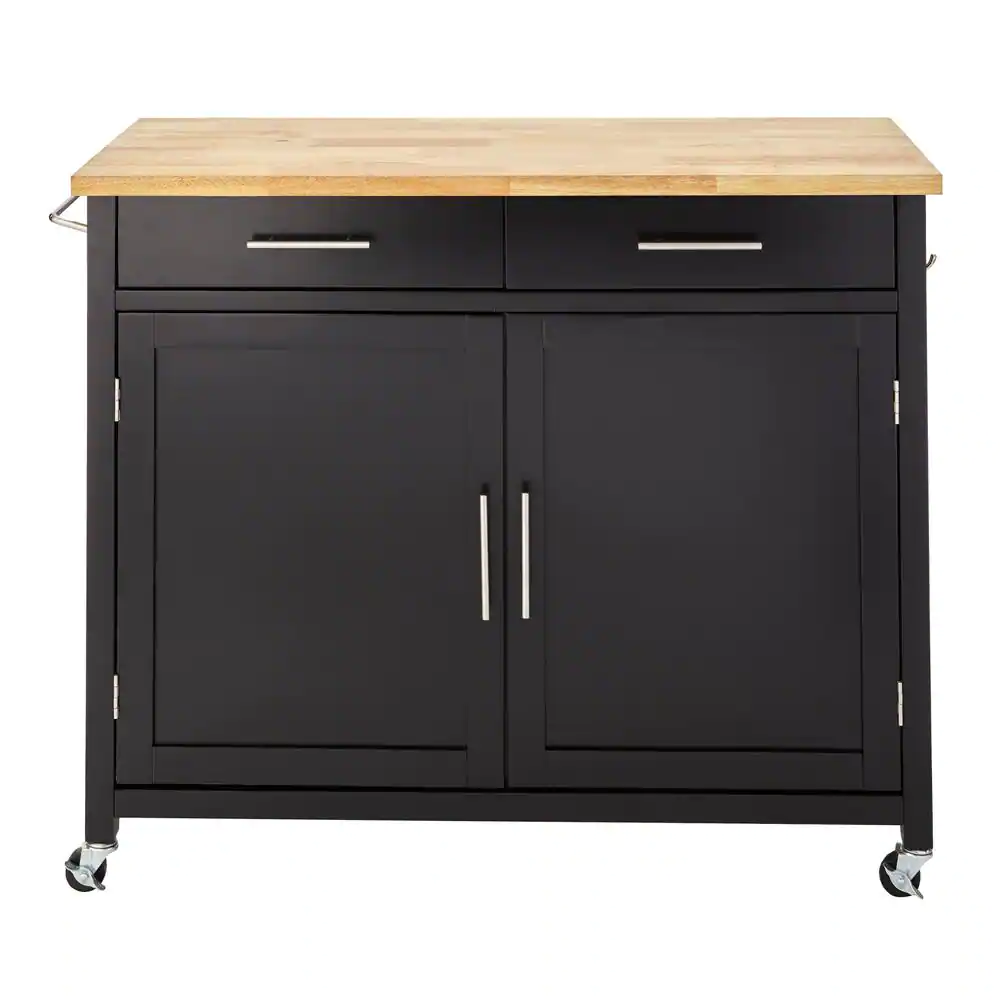 Glenville Black Double Drawer Kitchen Cart with Butcher Block Top and Locking Wheels (42″ W)