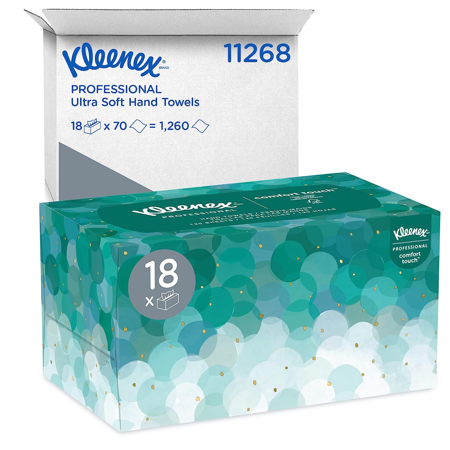 Kleenex Hand Towels (11268). Ultra Soft and Absorbent. Pop-Up Box. 18 Boxes / Case. 70 Paper Hand Towels / Box. 1.260 Sheets / Case