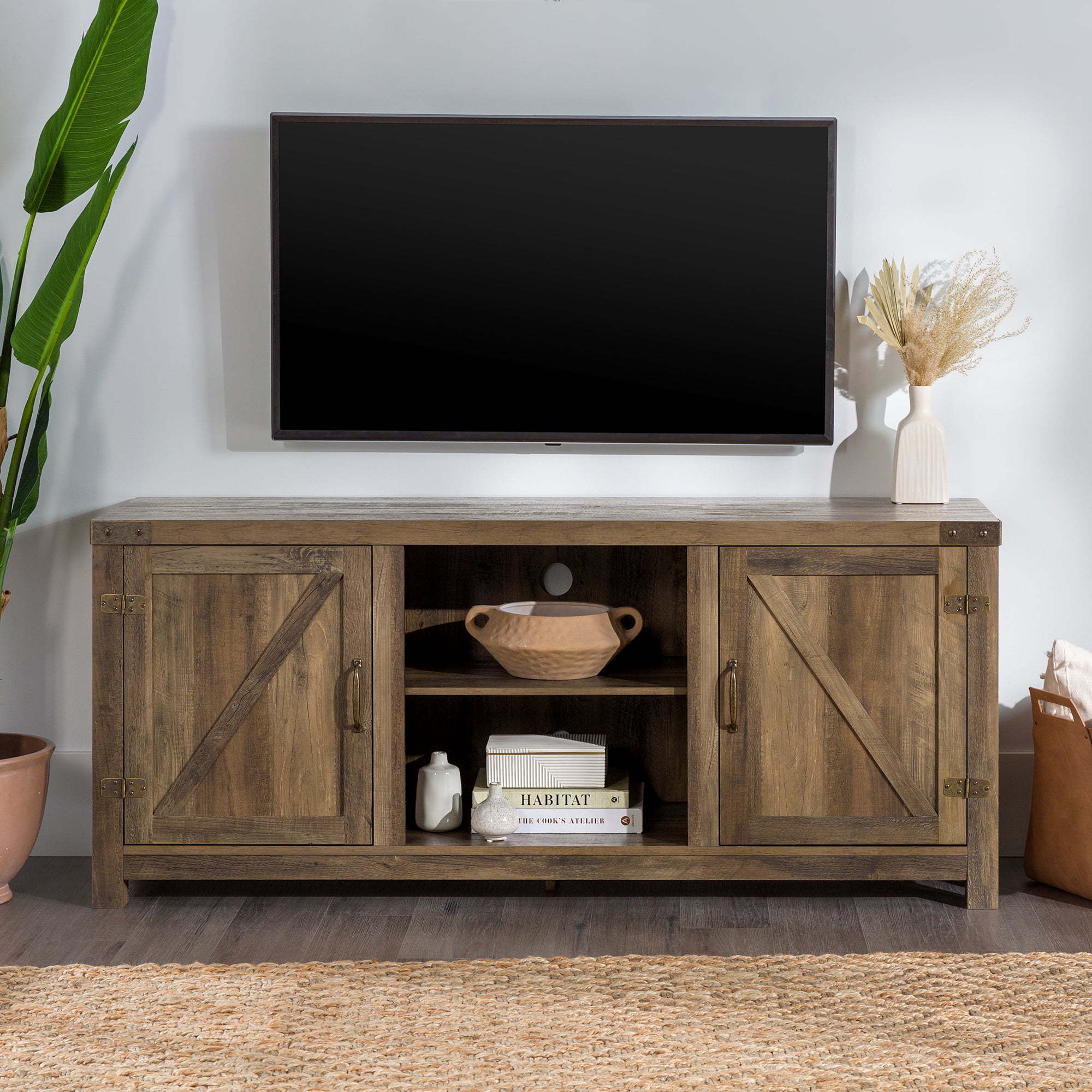 Woven Paths Modern Farmhouse Barn Door TV Stand for TVs up to 65″. Reclaimed Barnwood