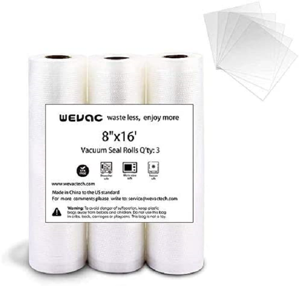 Wevac Vacuum Sealer Bags 8×16′ Rolls 3 pack for Food Saver. Seal a Meal. Weston
