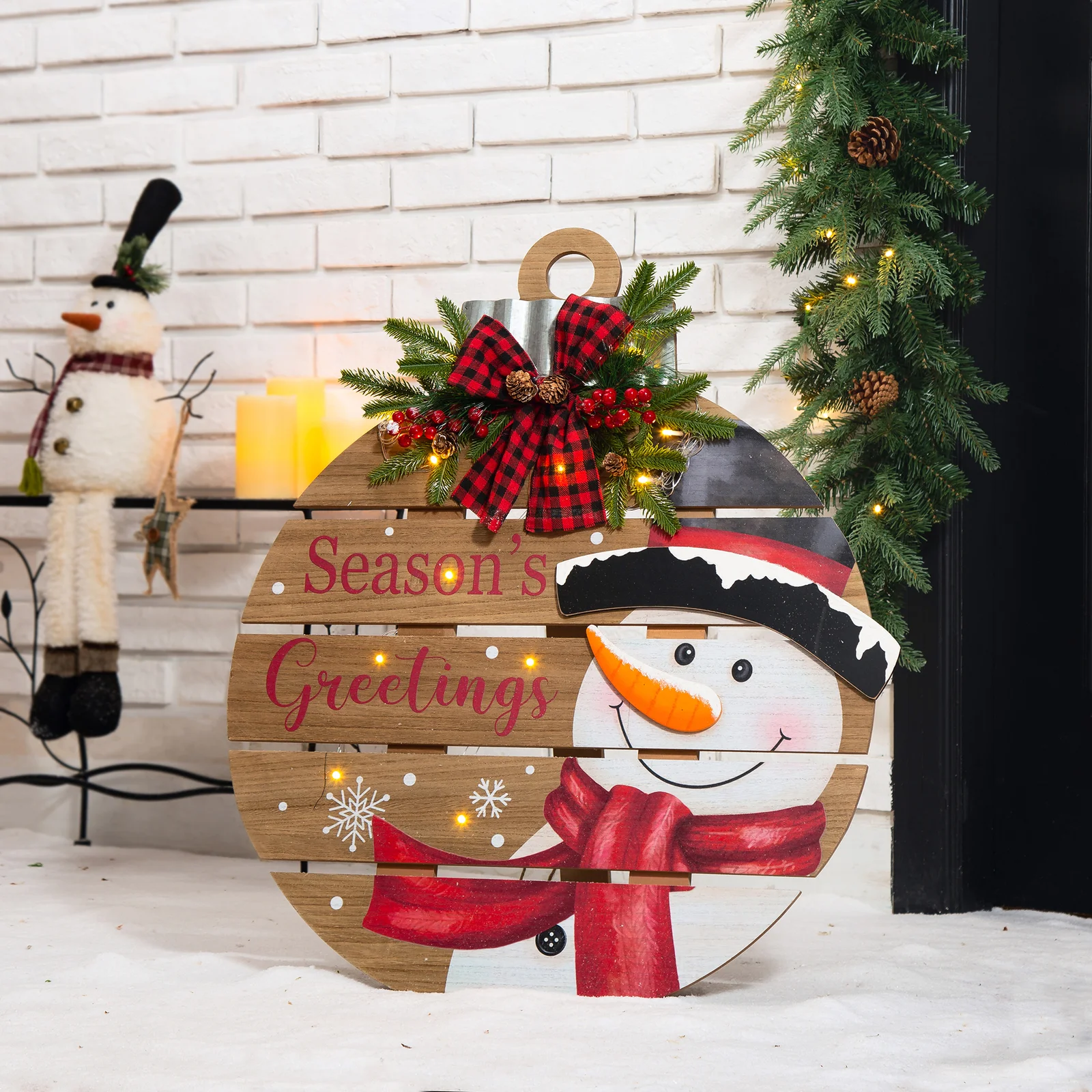 30″H Lighted Round Wooden Christmas Snowman Porch Décor